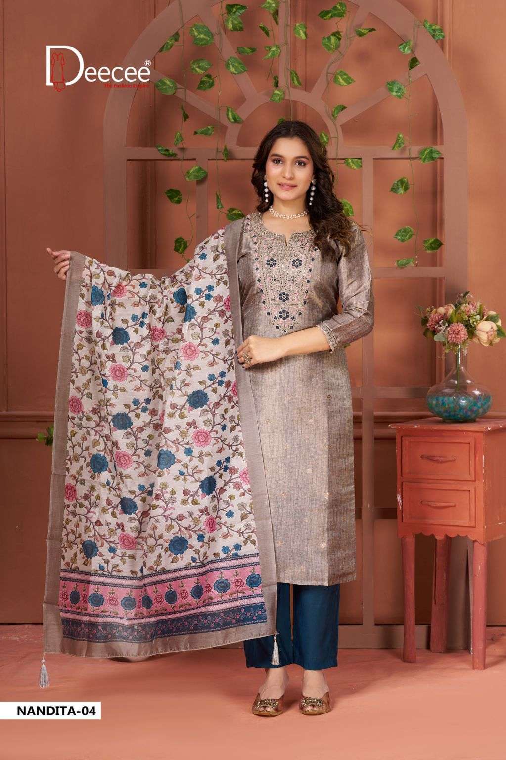 NANDITA SERIES 101 TO 106 BY DEE CEE DESIGNER EMBROIDERY WORK SHIMMER TOP WITH BOTTOM AND DUPATTA ARE AVAILABLE AT WHOLESALE PRICE