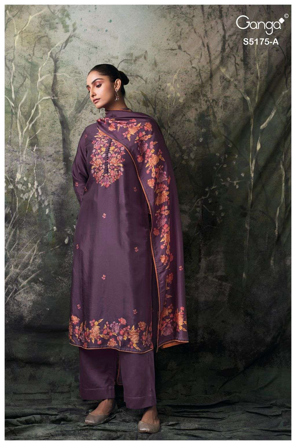 NELIESKA SERIES 5175 BY GANGA DESIGNER PRINTED WITH HAND WORK AND HAND EMBROIDERY WORK BEMBERG RUSSIAN SILK SUITS ARE AVAILABLE AT WHOLESALE PRICE