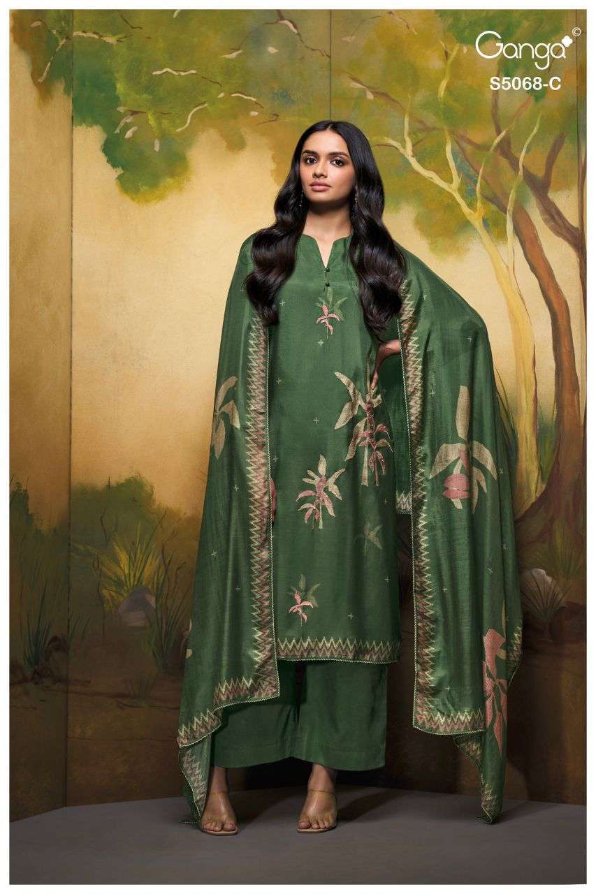 NYLAH SERIES 5068 BY GANGA DESIGNER PRINTED AND HAND EMBROIDERY WITH HAND WORK BEMBERG SILK SUITS ARE AVAILABLE AT WHOLESALE PRICE