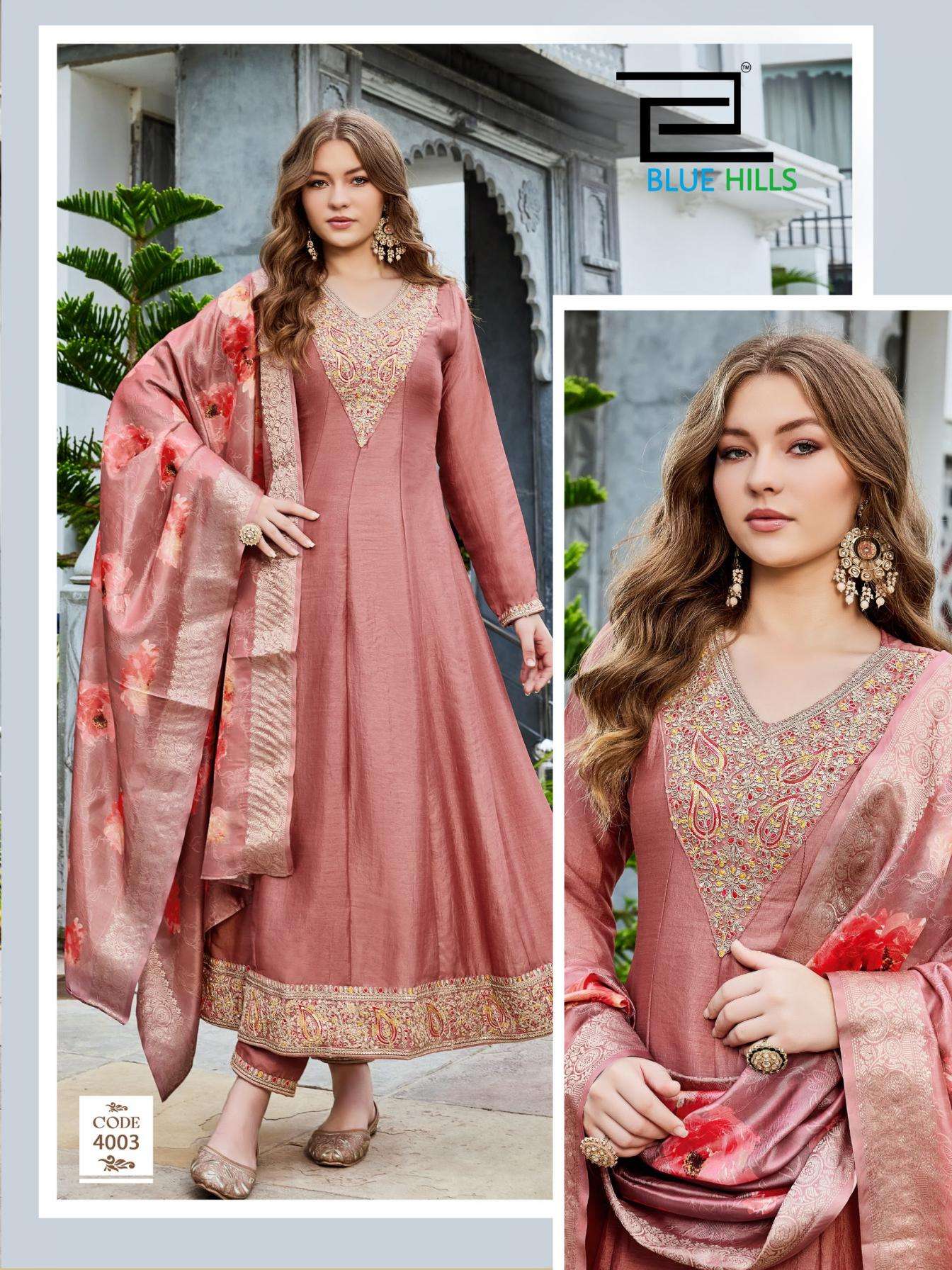 PARINEETI SERIES 4001 TO 4004 BY BLUE HILLS DESIGNER VICHITRA SILK ANARKALI KURTI WITH BOTTOM AND DUPATTA ARE AVAILABLE AT WHOLESALE PRICE 