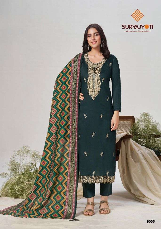 PASHAN VOL-9 SERIES 9001 TO 9006 BY SURYAJYOTI DESIGNER WITH WORK JAM SATIN SUITS ARE AVAILABLE AT WHOLESALE PRICE