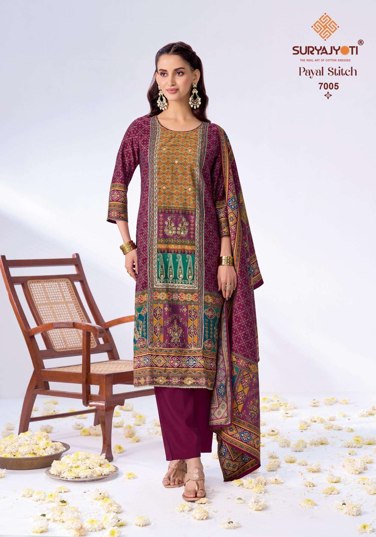 PAYAL STITCH VOL-7 SERIES 7001 TO 7006 BY SURYAJYOTI DESIGNER PRINTED AND WORK MODAL SILK READYMADE SUITS ARE AVAILABLE AT WHOLESALE PRICE