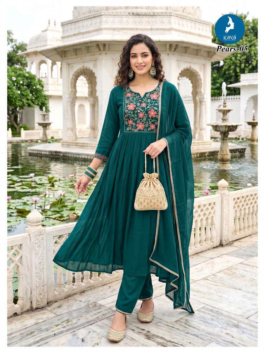 PEARS SERIES 01 TO 06 BY KAYA DESIGNER EMBROIDERY WORK MUL CHANDERI ANARKALI KURTI WITH BOTTOM AND DUPATTA ARE AVAILABLE AT WHOLESALE PRICE