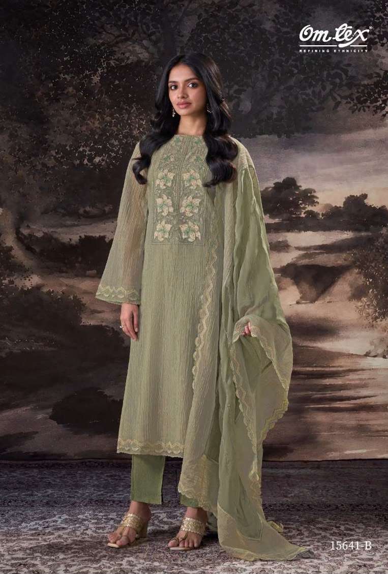 PRISCILLA SERIES 15641 BY OMTEX DESIGNER EMBROIDERY WORK CRUSH TISSUE SILK SUITS ARE AVAILABLE AT WHOLESALE PRICE