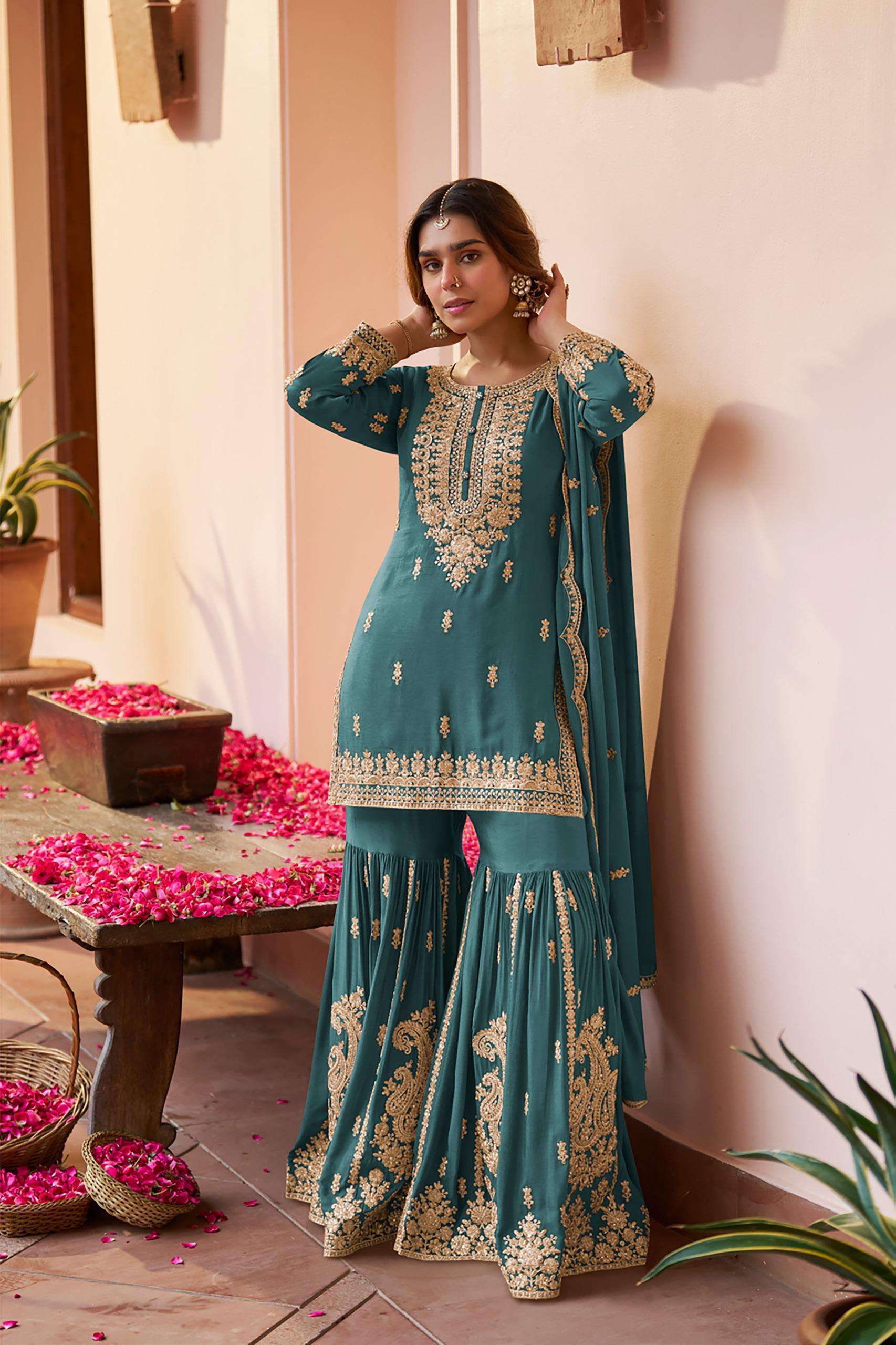 PURVA SERIES 7656 BY GULKAYRA DESIGNER EMBROIDERY AND HAND WORK CHINON READYMADE SUITS ARE AVAILABLE AT WHOLESALE PRICE