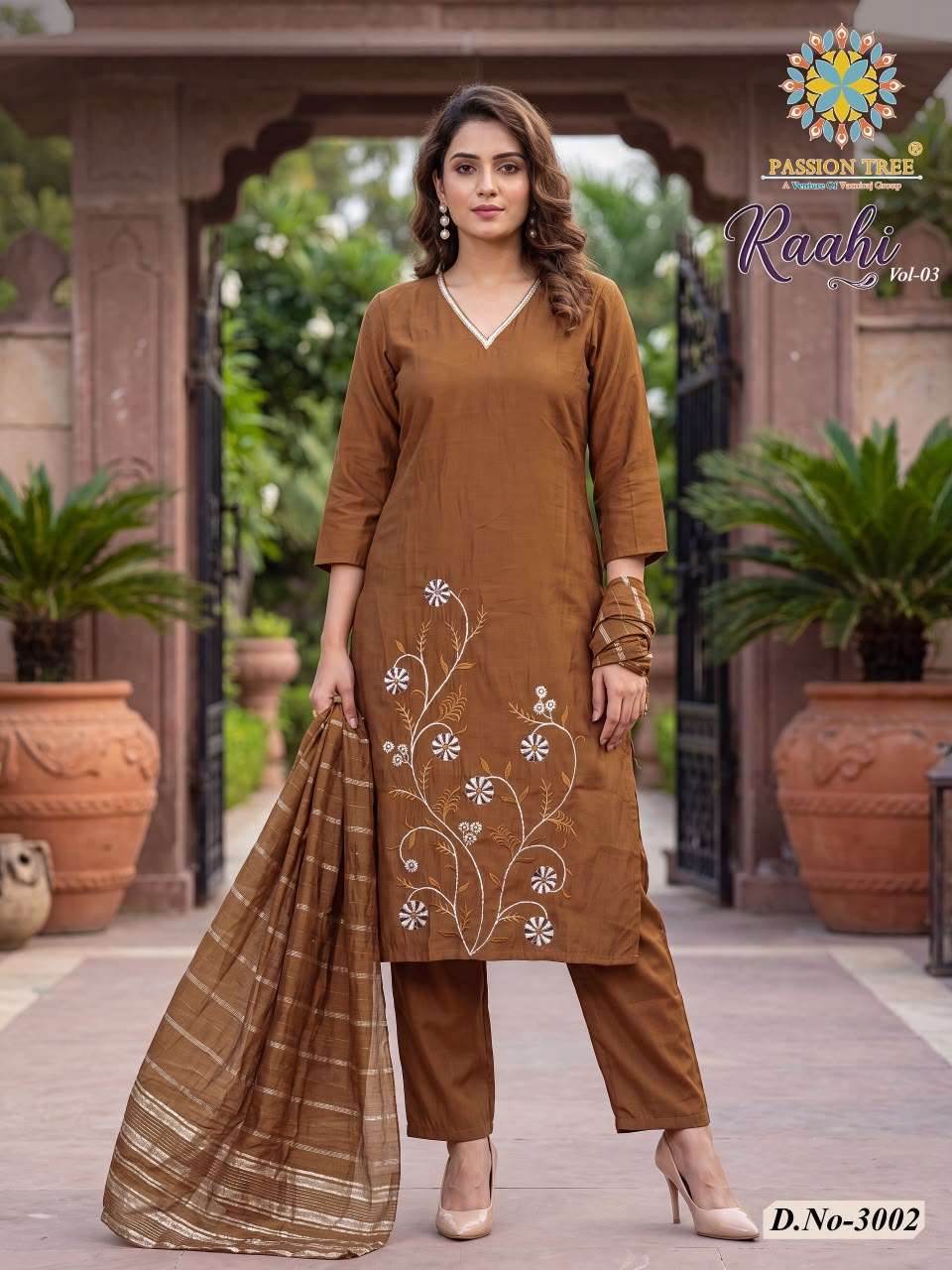 RAAHI VOL-3 SERIES 3001 TO 3008 BY PASSION TREE DESIGNER EMBROIDERY WORK ROMAN SILK TOP WITH BOTTOM AND DUPATTA ARE AVAILABLE AT WHOLESALE PRICE