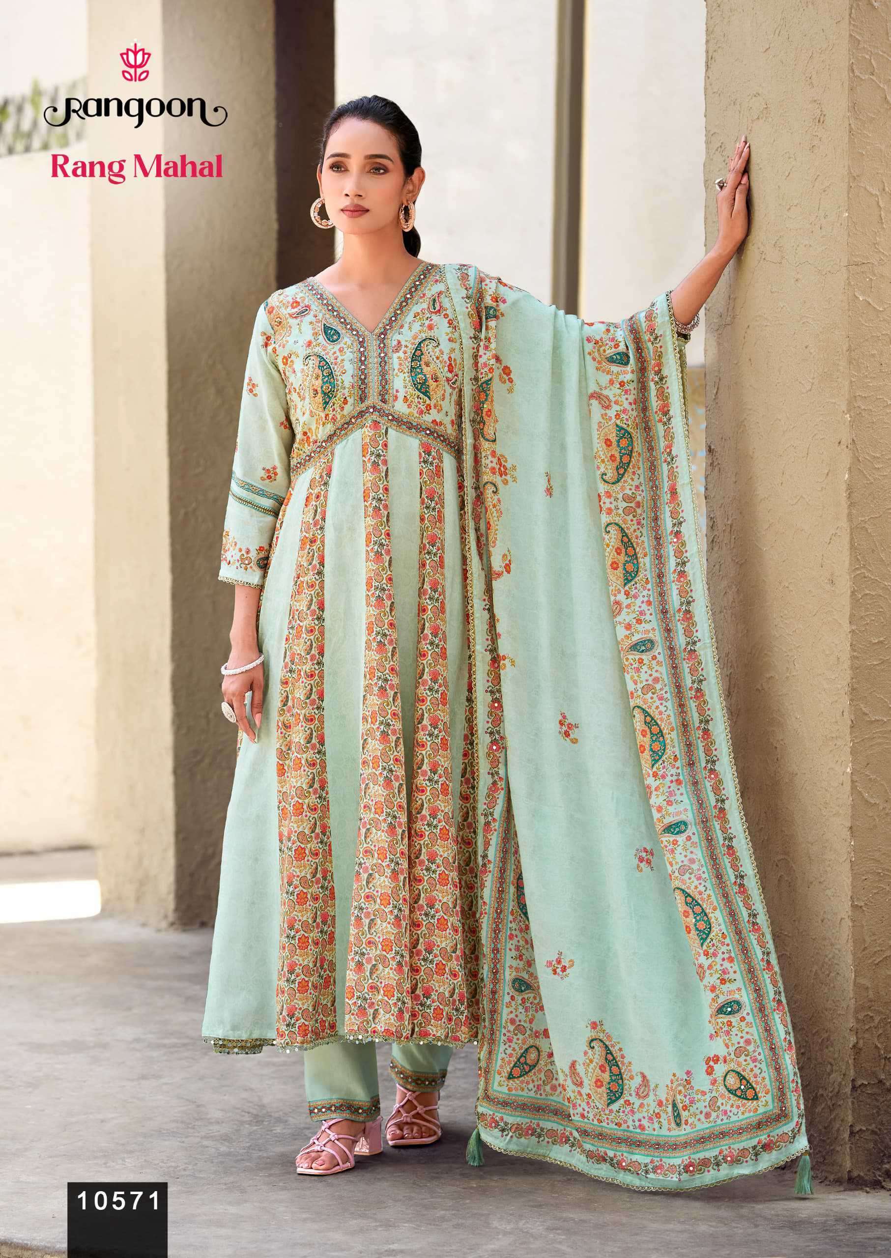 RANG MAHAL SERIES 10571 TO 10572 BY RANGOON DESIGNER PRINTED AND KHATLI HAND WORK MUSLIN TOP WITH BOTTOM AND DUPATTA ARE AVAILABLE AT WHOLESALE PRICE 
