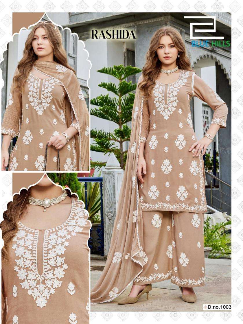 RASHIDA SERIES 1001 TO 1004 BY BLUE HILLS DESIGNER WHITE THREAD WORK RAYON KURTI WITH PLAZZO AND DUPATTA ARE AVAILABLE AT WHOLESALE PRICE