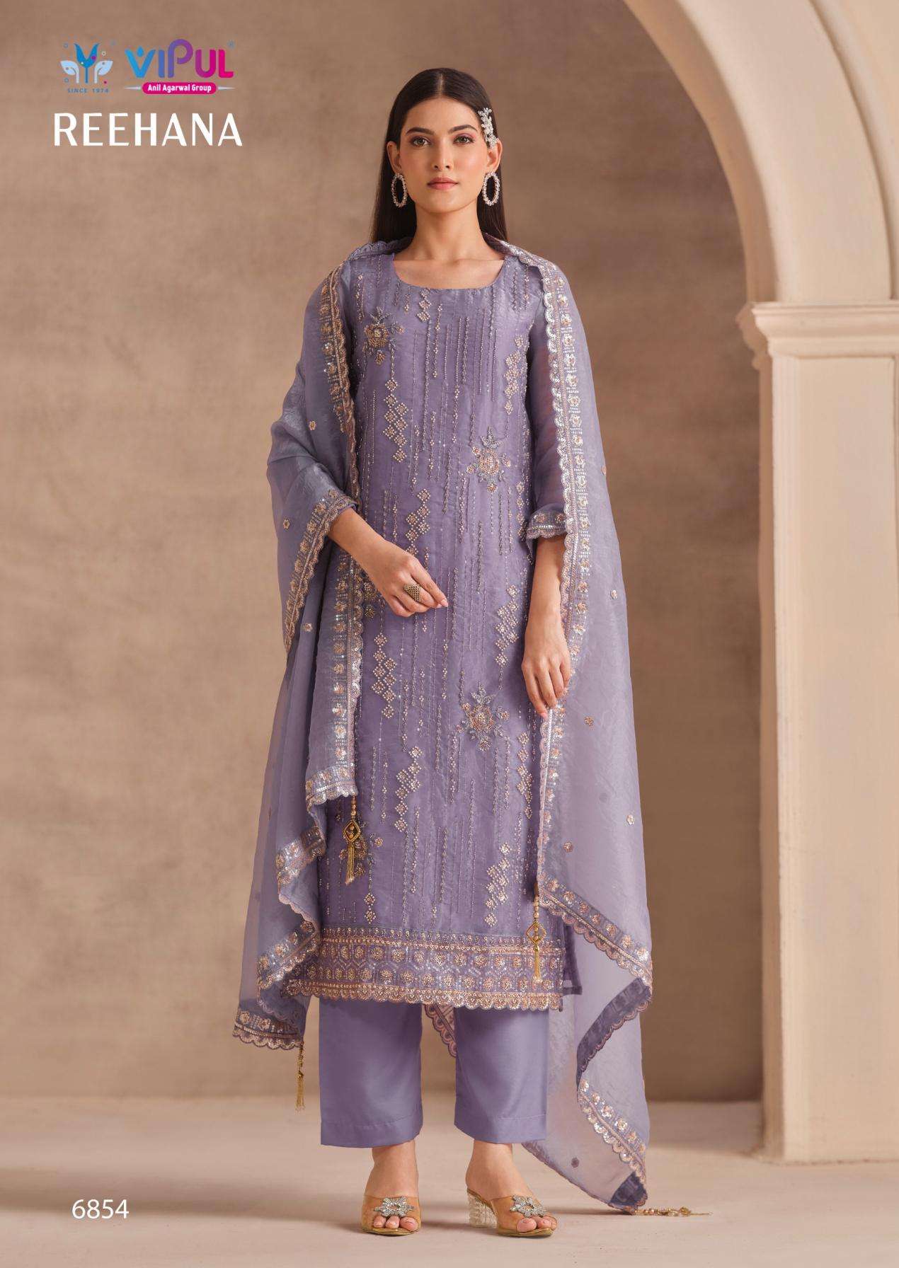 REEHANA SERIES 6851 TO 6856 BY VIPUL DESIGNER BEADS WORK ORGANZA SUITS ARE AVAILABLE AT WHOLESALE PRICE
