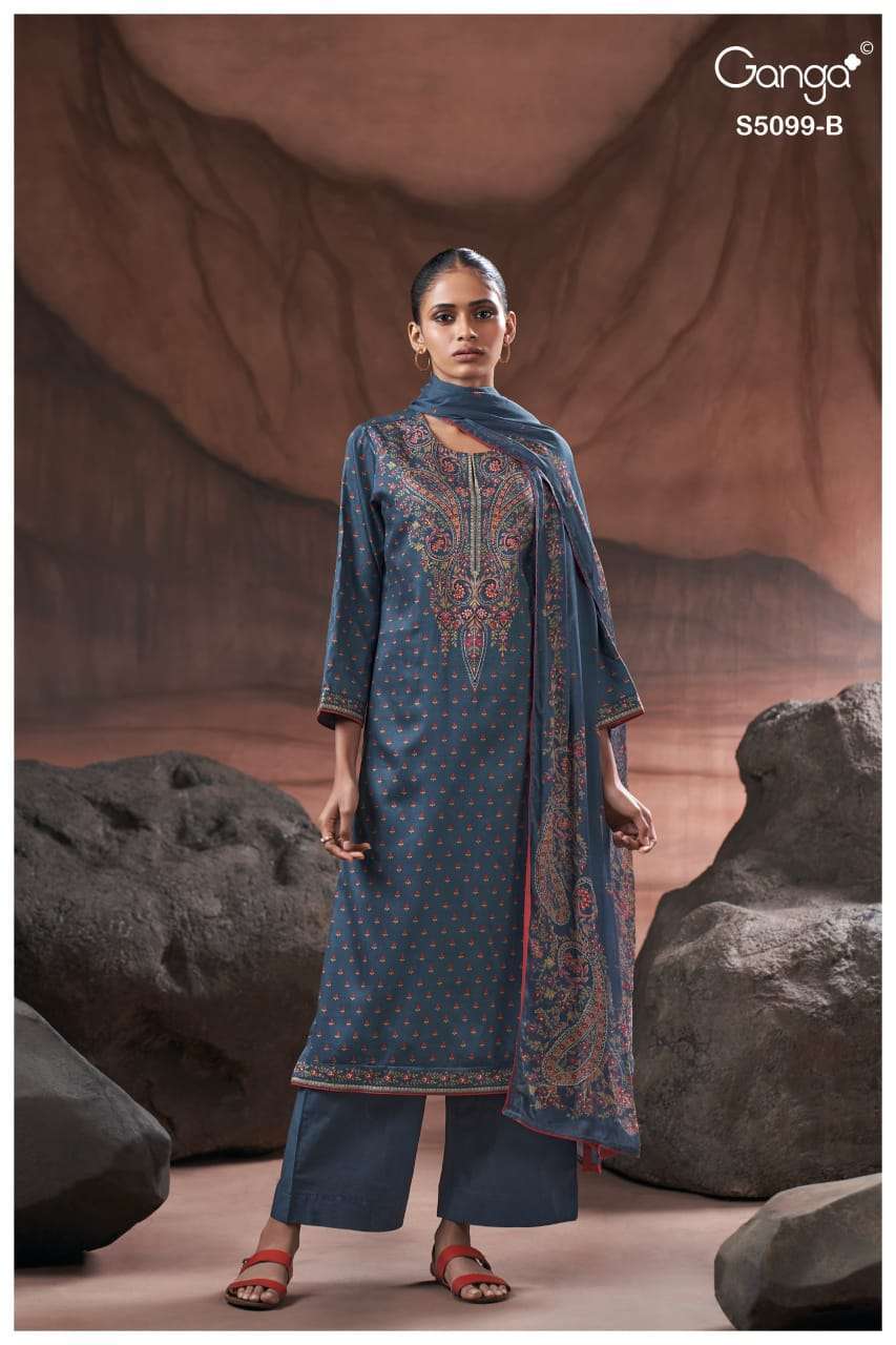 RENAYA SERIES 5099 BY GANGA DESIGNER PRINTED AND HAND EMBROIDERY WORK COTTON SATIN SUITS ARE AVAILABLE AT WHOLESALE PRICE 