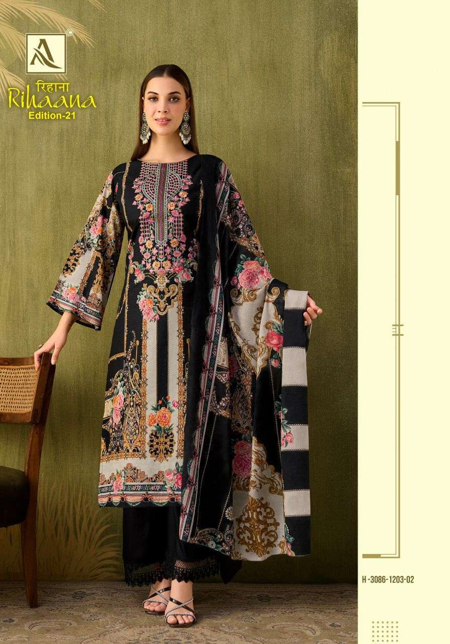 RIHAANA EDITION-21 SERIES 3086 BY ALOK SUITS DESIGNER WITH PRINTED AND WORK CAMBRIC COTTON SUITS ARE AVAILABLE AT WHOLESALE PRICE