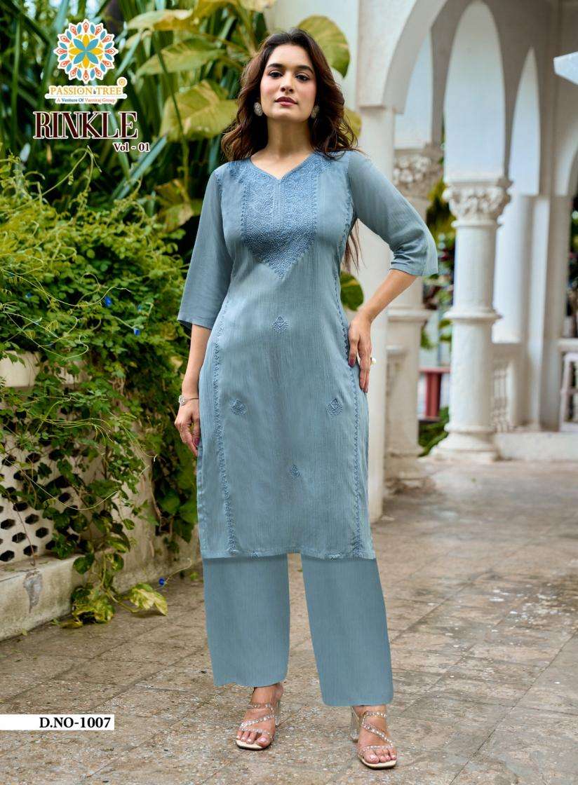 RINKLE VOL-1 SERIES 1001 TO 1008 BY PASSION TREE DESIGNER LUCKNOWI EMBROIDERY WORK RAYON WRINKLE TOP WITH PLAZZO ARE AVAILABLE AT WHOLESALE PRICE 