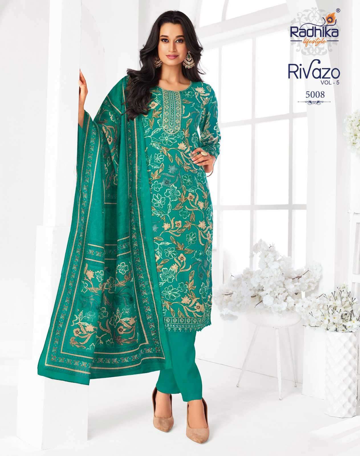 RIVAZO VOL-5 SERIES 5001 TO 5008 BY RADHIKA LIFESTYLE DESIGNER FOIL PRINTED RAYON KURTI WITH BOTTOM AND DUPATTA ARE AVAILABLE AT WHOLESALE PRICE
