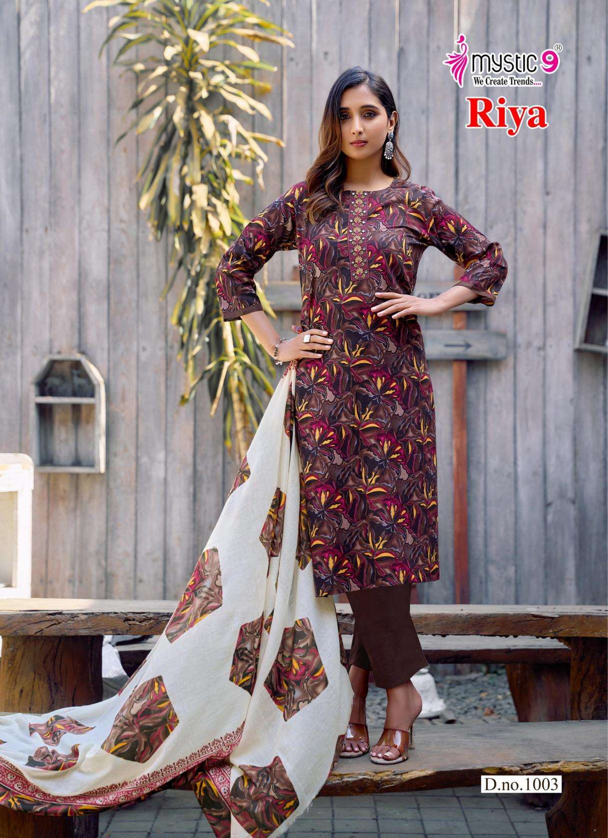 RIYA VOL-1 SERIES 1001 TO 1008 BY MYSTIC 9 DESIGNER FOIL PRINTED AND EMBROIDERY WORK CAMBRIC COTTON TOP WITH BOTTOM AND DUPATTA ARE AVAILABLE AT WHOLESALE PRICE