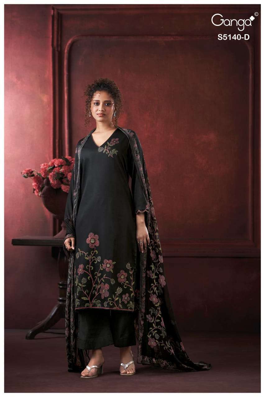 ROMINA SERIES 5140 BY GANGA DESIGNER PRINTED WITH HAND EMBROIDERY AND SCHIFFLI EMBROIDERY WORK COTTON SATIN SUITS ARE AVAILABLE AT WHOLESALE PRICE