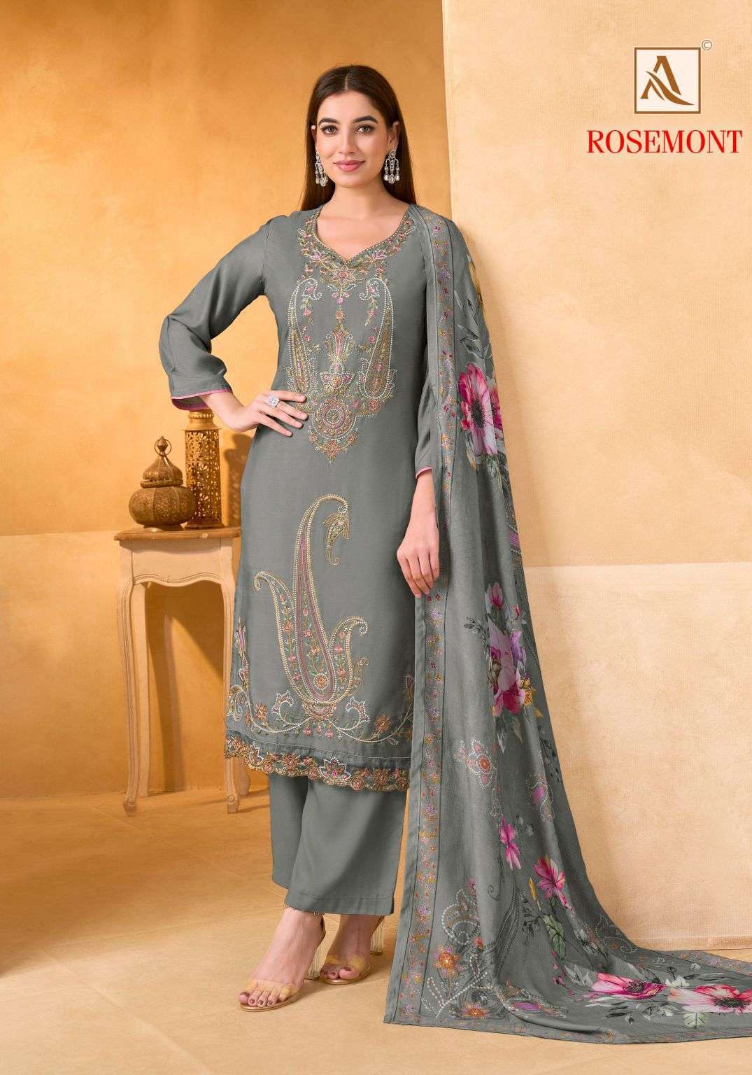ROSEMONT SERIES 3076 BY ALOK SUITS DESIGNER EMBROIDERY WORK VISCOSE MUSLIN SUITS ARE AVAILABLE AT WHOLESALE PRICE 