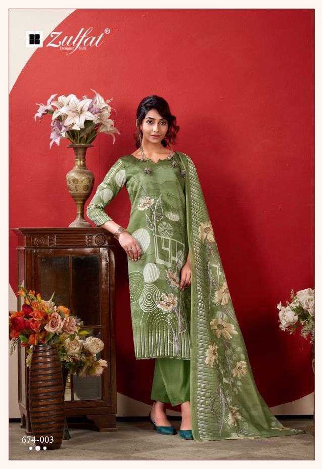 ROSHNI VOL-2 SERIES 674 BY ZULFAT DESIGNER PRINTED AND HAND WORK ZAM COTTON SUITS ARE AVAILABLE AT WHOLESALE PRICE