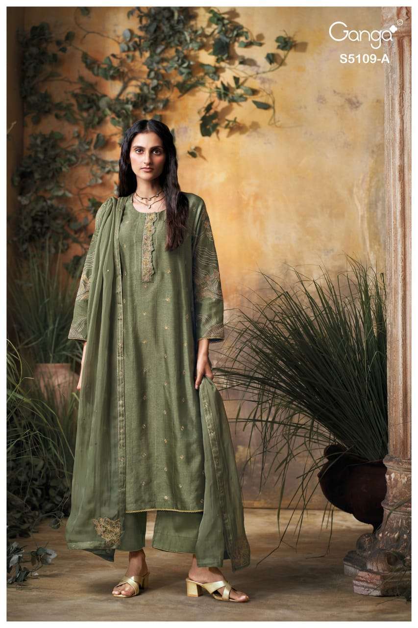 ROSINA SERIES 5109 BY GANGA DESIGNER EMBROIDERY AND HAND WORK BEMBERG RUSSIAN SILK SUITS ARE AVAILABLE AT WHOLESALE PRICE 