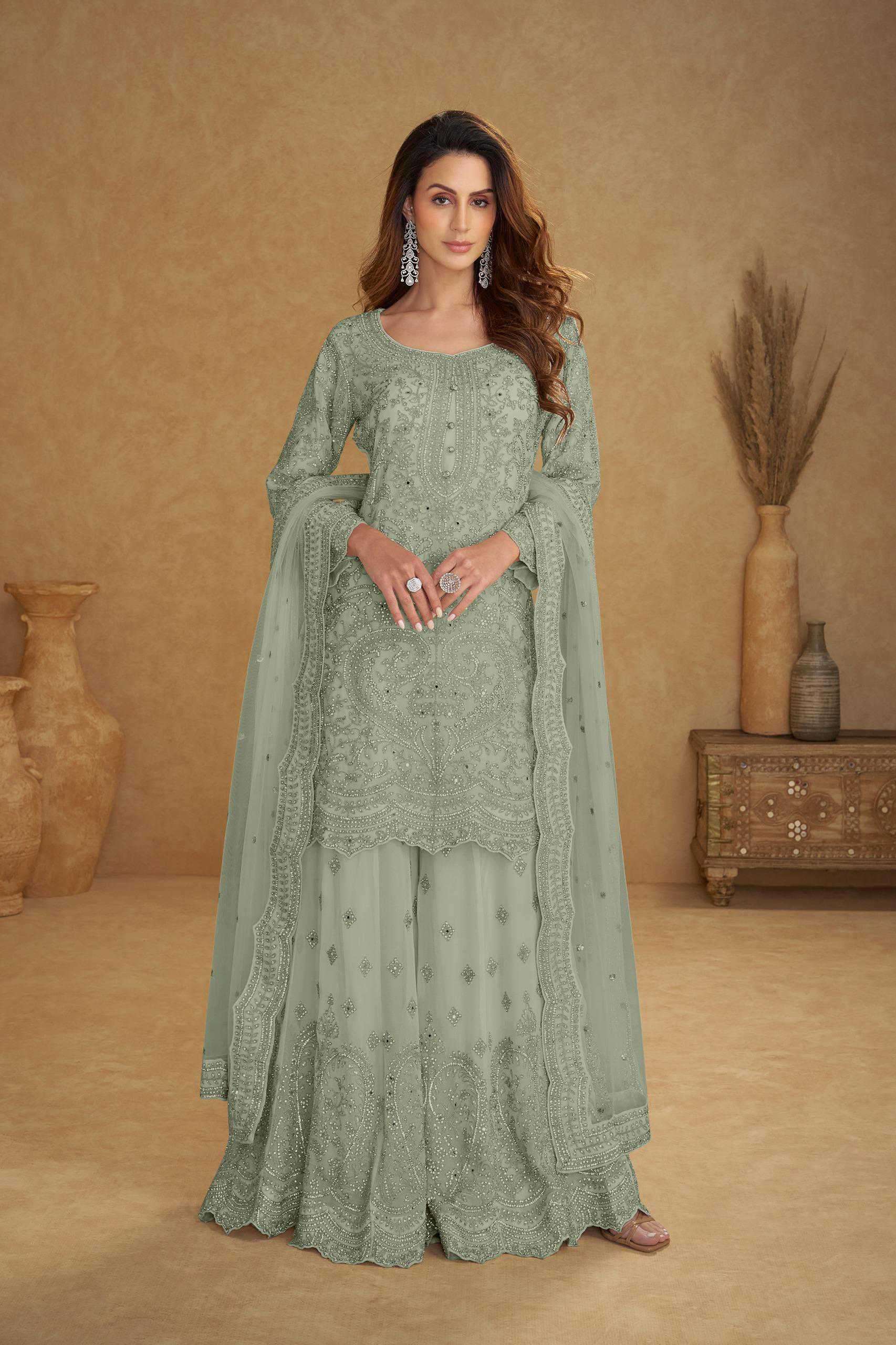 SAFIRA NEW ADDITION SERIES 8113 BY GULKAYRA DESIGNER EMBROIDERY AND HAND WORK NET SUITS ARE AVAILABLE AT WHOLESALE PRICE
