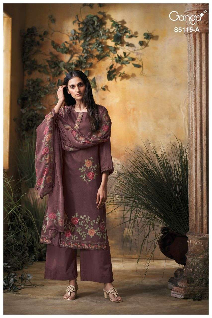 SAIBA SERIES 5115 BY GANGA DESIGNER PRINTED WITH EMBROIDERY AND SCHIFFLI EMBROIDERY WORK COTTON SATIN SUITS ARE AVAILABLE AT WHOLESALE PRICE