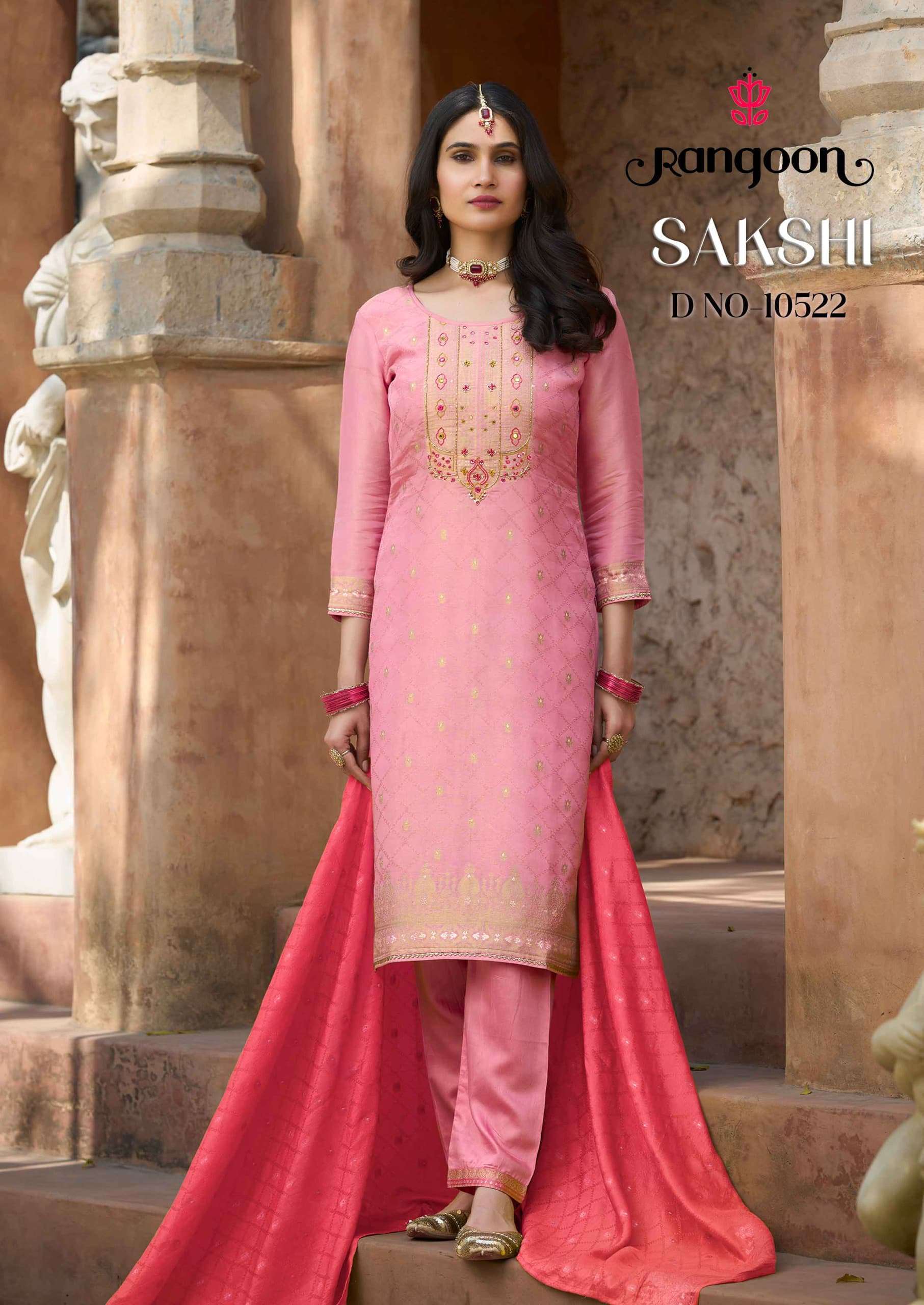 SAKSHI SERIES 10521 TO 10524 BY RANGOON DESIGNER KHATLI HAND WORK SHIMMER JACQUARD TOP WITH BOTTOM AND DUPATTA ARE AVAILABLE AT WHOLESALE PRICE