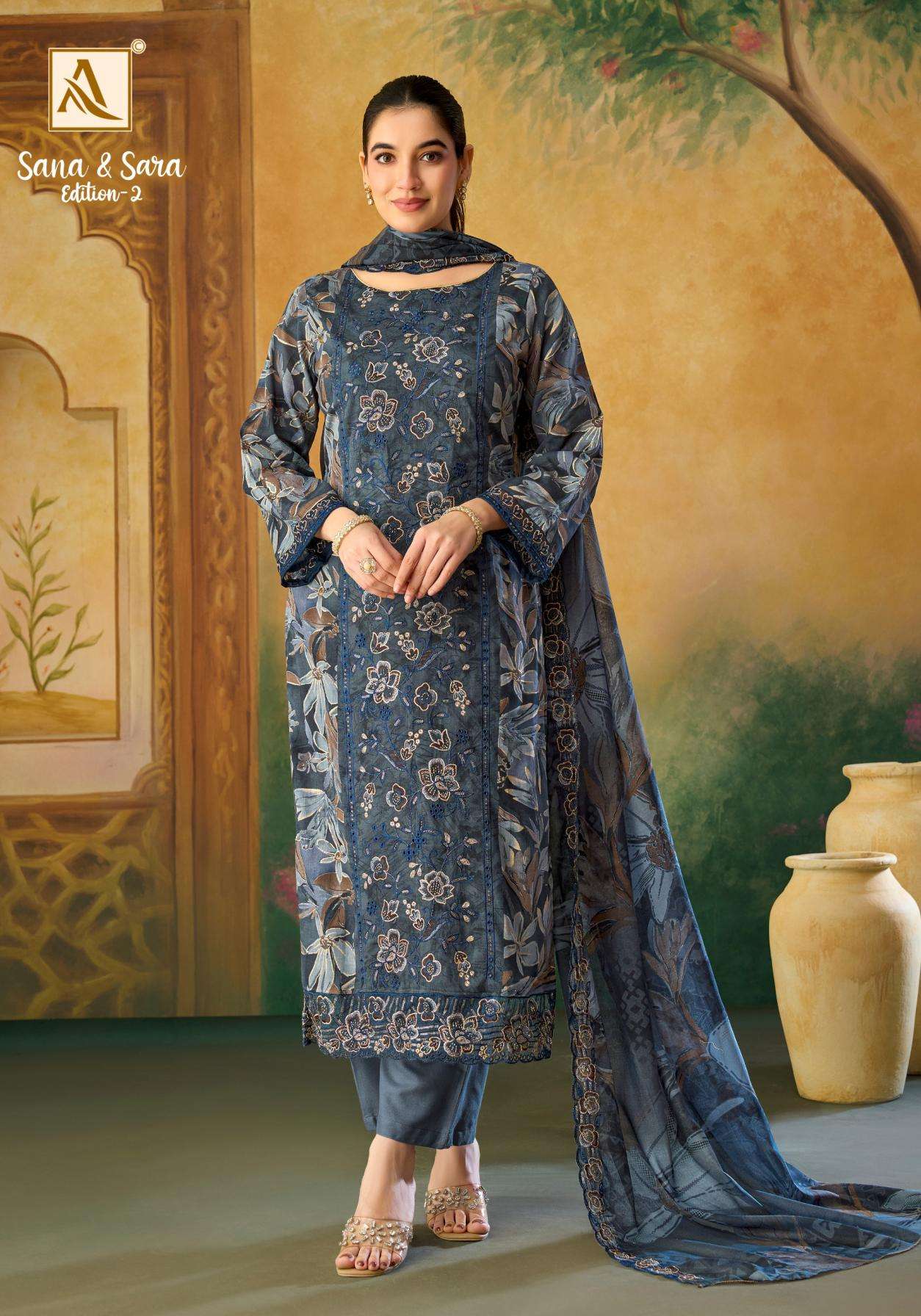 SANA & SARA EDITION-2 SERIES 3081 BY ALOK SUITS DESIGNER PRINTED AND EMBROIDERY WORK CAMBRIC COTTON SUITS ARE AVAILABLE AT WHOLESALE PRICE