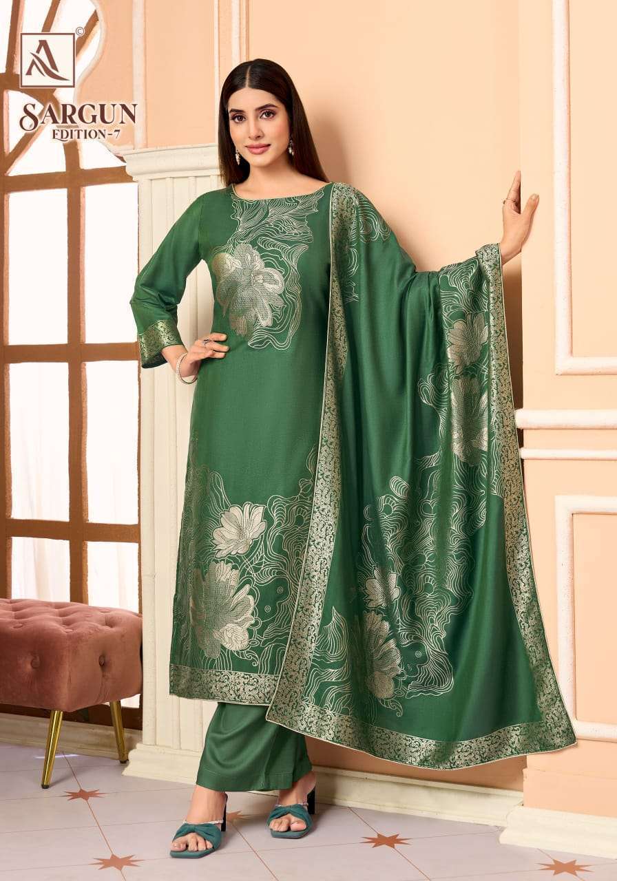 SARGUN EDITION-7 SERIES 3083 BY ALOK SUITS DESIGNER HAND WORK VISCOSE MUSLIN JACQUARD SUITS ARE AVAILABLE AT WHOLESALE PRICE