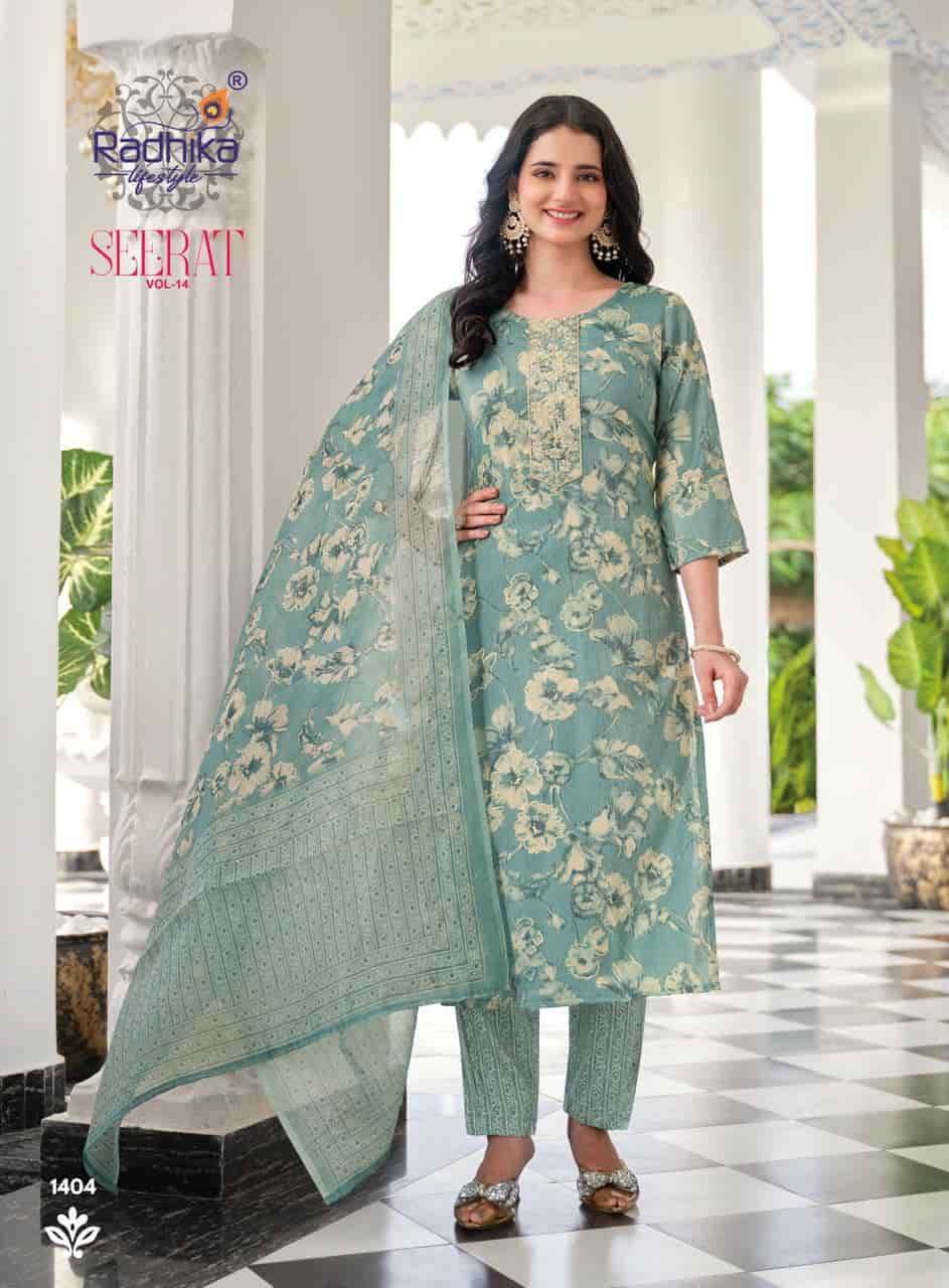 SEERAT VOL-14 SERIES 1401 TO 1408 KURTI BY RADHIKA LIFESTYLE DESIGNER WITH PRINTED CAPSULE RAYON KURTI WITH PANT AND DUPATTA ARE AVAILABLE AT WHOLESALE PRICE