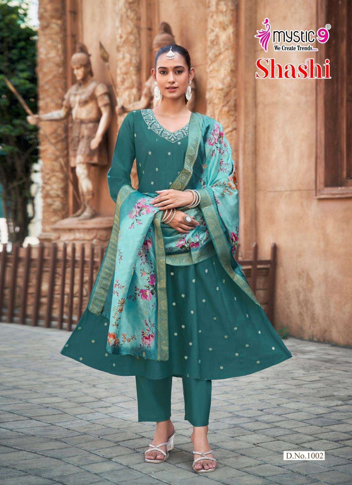 SHAHSI VOL-1 SERIES 1001 TO 1008 BY MYSTIC 9 DESIGNER EMBROIDERY WORK GADHWAL SILK TOP WITH BOTTOM AND DUPATTA ARE AVAILABLE AT WHOLESALE PRICE