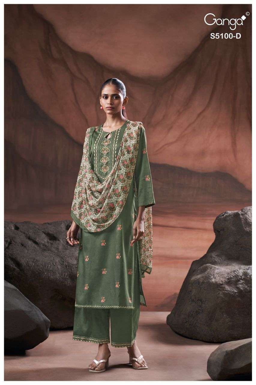SHARVARI SERIES 5100 BY GANGA DESIGNER PRINTED WITH HAND WORK AND SCHIFFLI EMBROIDERY WORK COTTON SATIN SUITS ARE AVAILABLE AT WHOLESALE PRICE