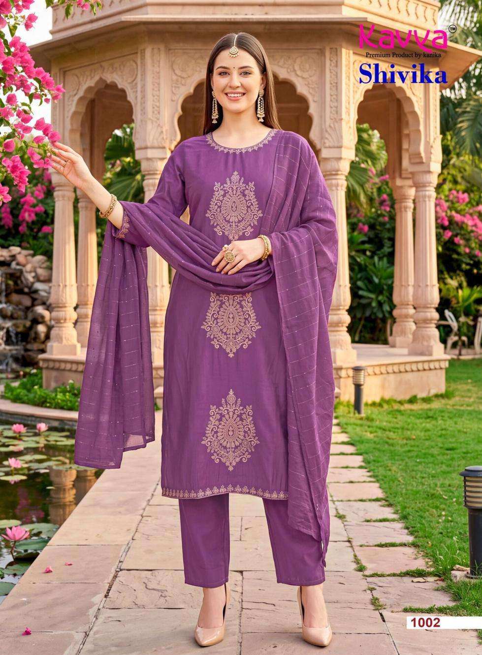 SHIVIKA VOL-1 SERIES 1001 TO 1010 BY KAVYA DESIGNER EMBROIDERY WORK ROMAN SILK TOP WITH BOTTOM AND DUPATTA ARE AVAILABLE AT WHOLESALE PRICE