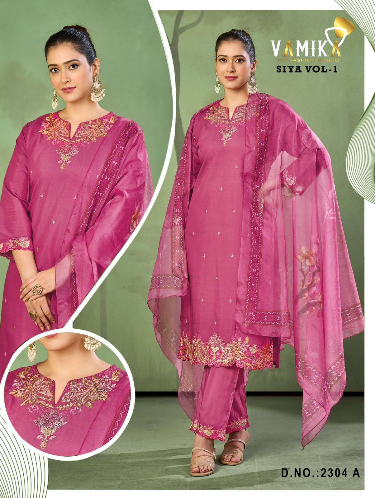 SIYA VOL-1 SERIES 2304 BY VAMIKA DESIGNER HAND WORK VISCOSE ROMAN TOP WITH BOTTOM AND DUPATTA ARE AVAILABLE AT WHOLESALE PRICE