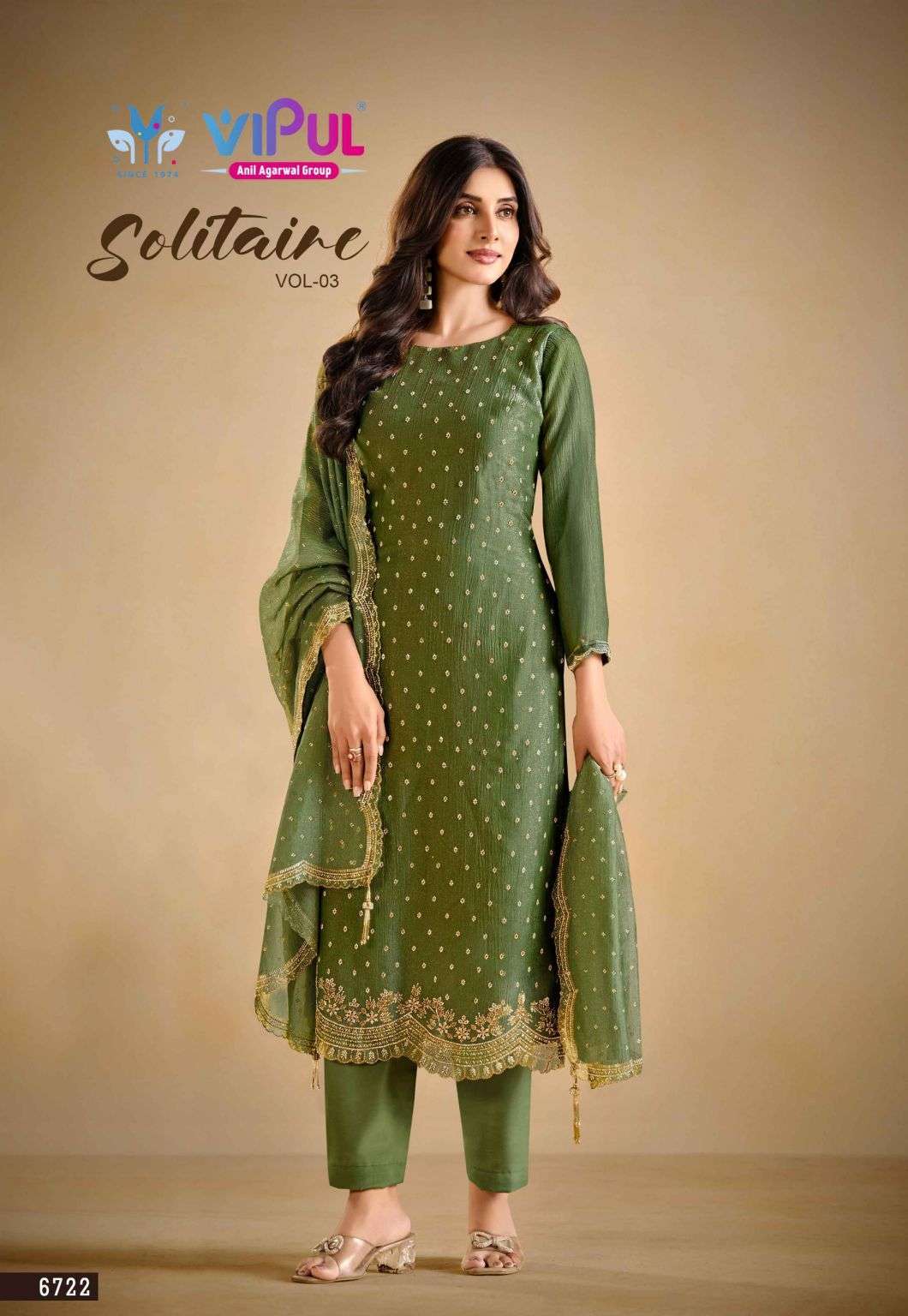 SOLITAIRE VOL-3 SERIES 6721 TO 6726 BY VIPUL DESIGNER BEADS AND ZARKAN WORK GOLD CHIFFON SUITS ARE AVAILABLE AT WHOLESALE PRICE 