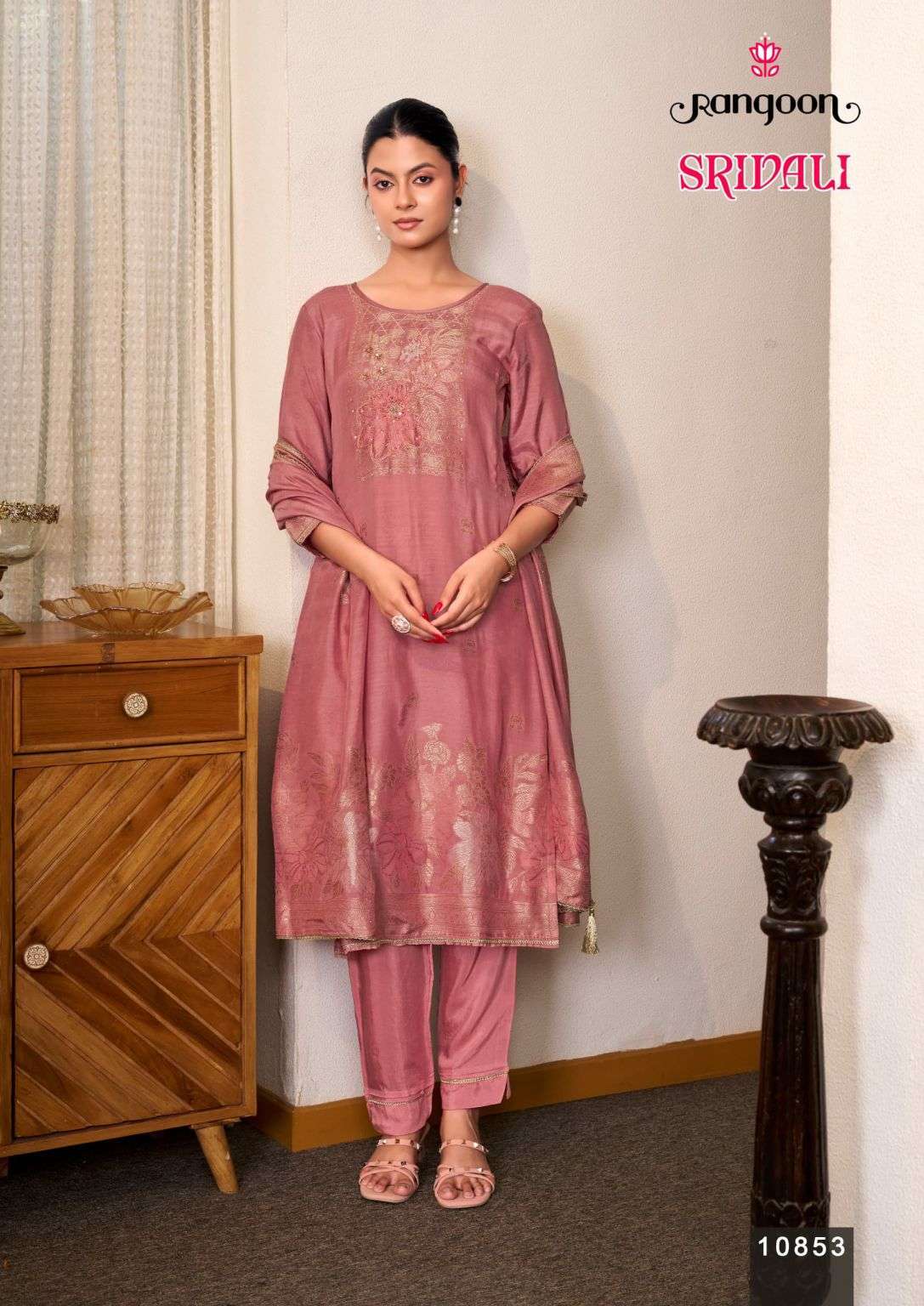 SRIVALI SERIES 10851 TO 10854 BY RANGOON DESIGNER KHATLI HAND WORK MUSLIN JACQUARD TOP WITH BOTTOM AND DUPATTA ARE AVAILABLE AT WHOLESALE PRICE