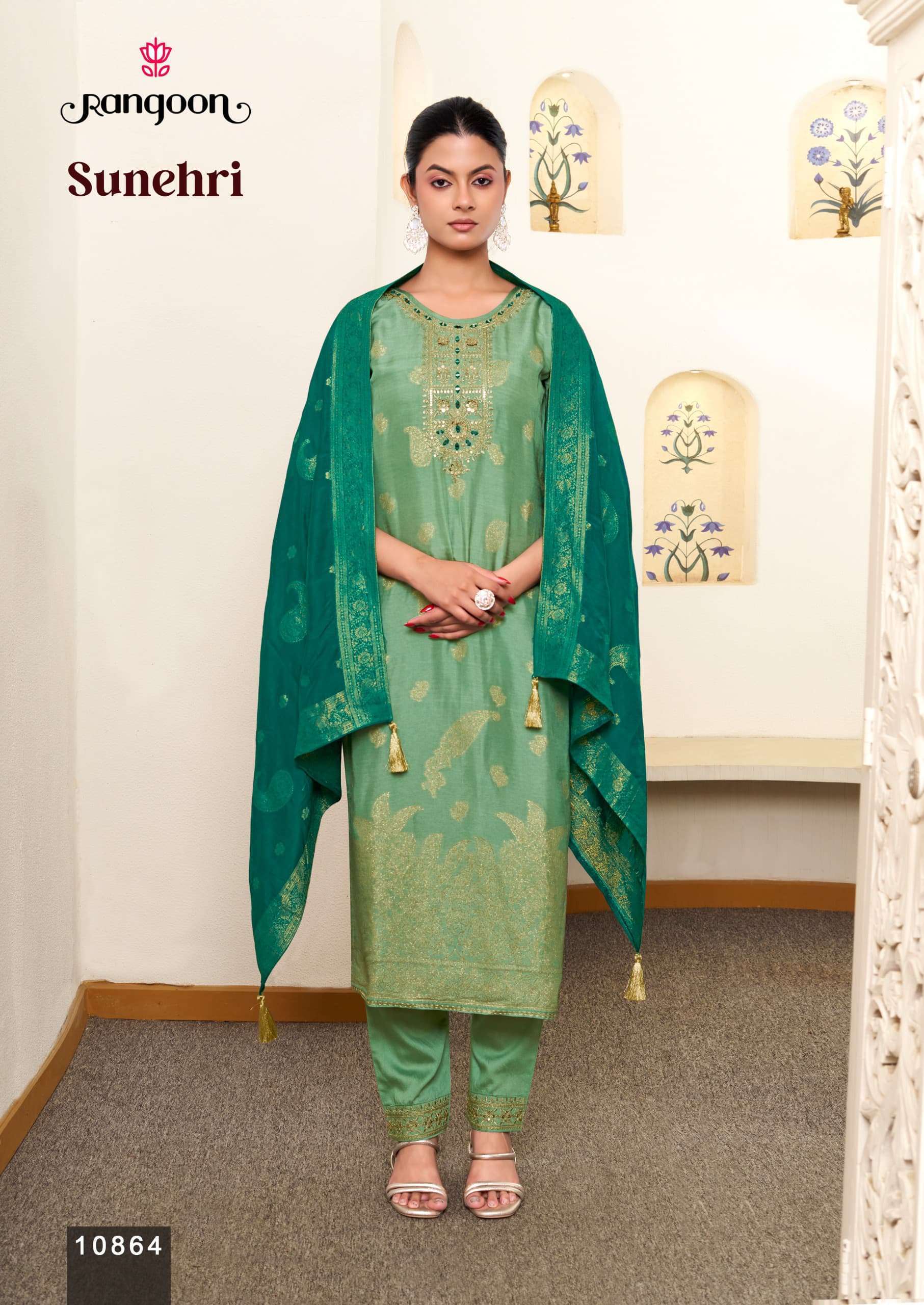 SUNHERI SERIES 10861 TO 10864 BY RANGOON DESIGNER KHATLI HAND WORK RUSSIAN JACQUARD TOP WITH BOTTOM AND DUPATTA ARE AVAILABLE AT WHOLESALE PRICE