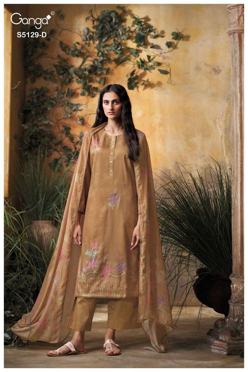 TANISHA SERIES 5129 BY GANGA DESIGNER PRINTED WITH HAND EMBROIDERY AND EMBROIDERY WORK COTTON SATIN SUITS ARE AVAILABLE AT WHOLESALE PRICE