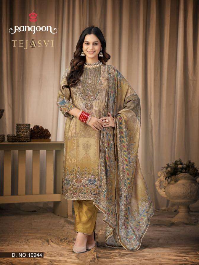 TEJASVI SERIES 10941 TO 10944 BY RANGOON DESIGNER DIGITAL PRINTED AND AARI WORK MUSLIN TOP WITH BOTTOM AND DUPATTA ARE AVAILABLE AT WHOLESALE PRICE 