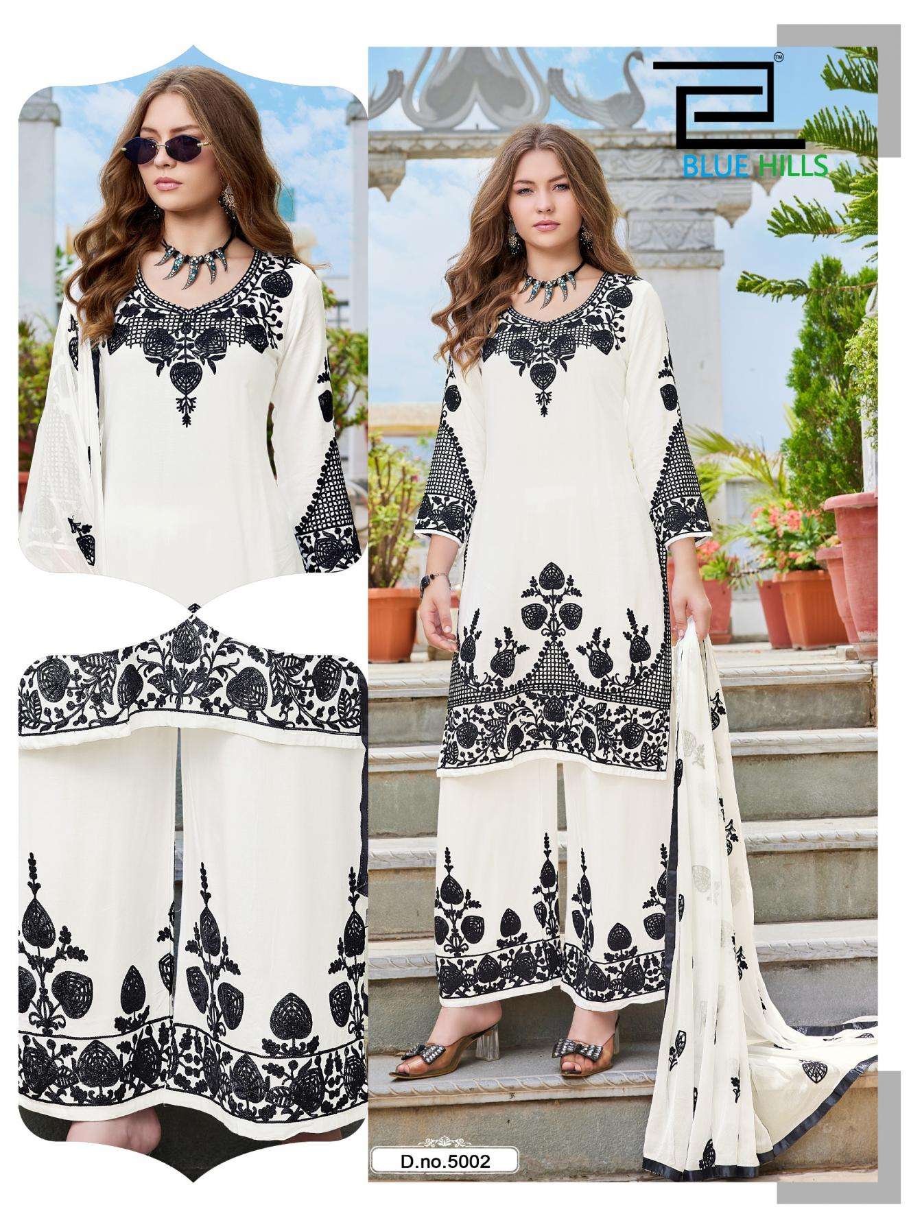TIGER SERIES 1001 TO 1002 BY BLUE HILLS DESIGNER CHAIN STITCH WORK RAYON KURTI WITH PLAZZO AND DUPATTA ARE AVAILABLE AT WHOLESALE PRICE