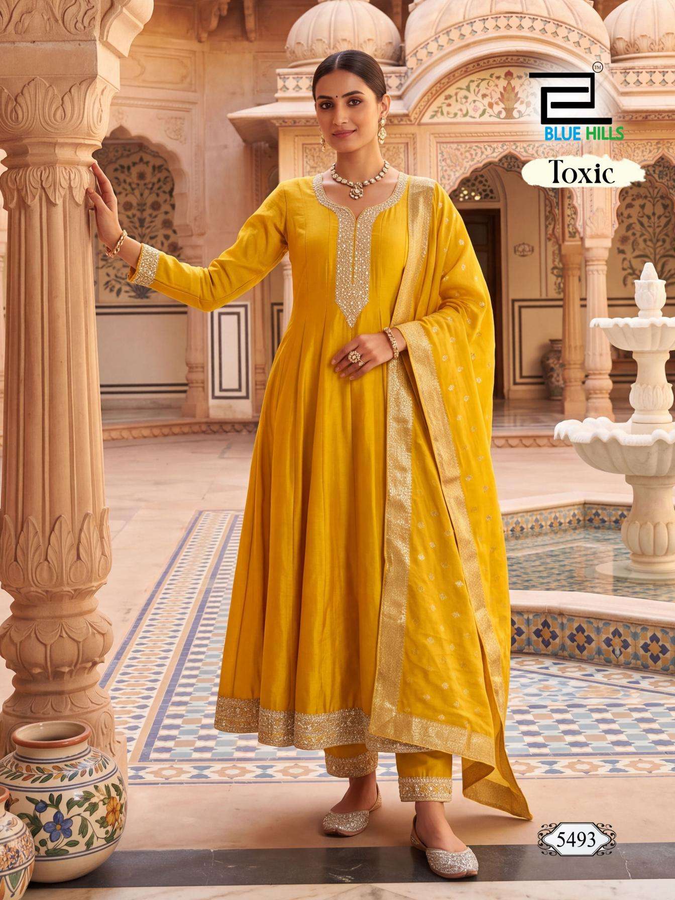 TOXIC SERIES 5492 TO 5495 BY BLUE HILLS DESIGNER ZARI AND SEQUENCE WORK ANARKALI VICHITRA KURTI WITH BOTTOM AND DUPATTA ARE AVAILABLE AT WHOLESALE PRICE 