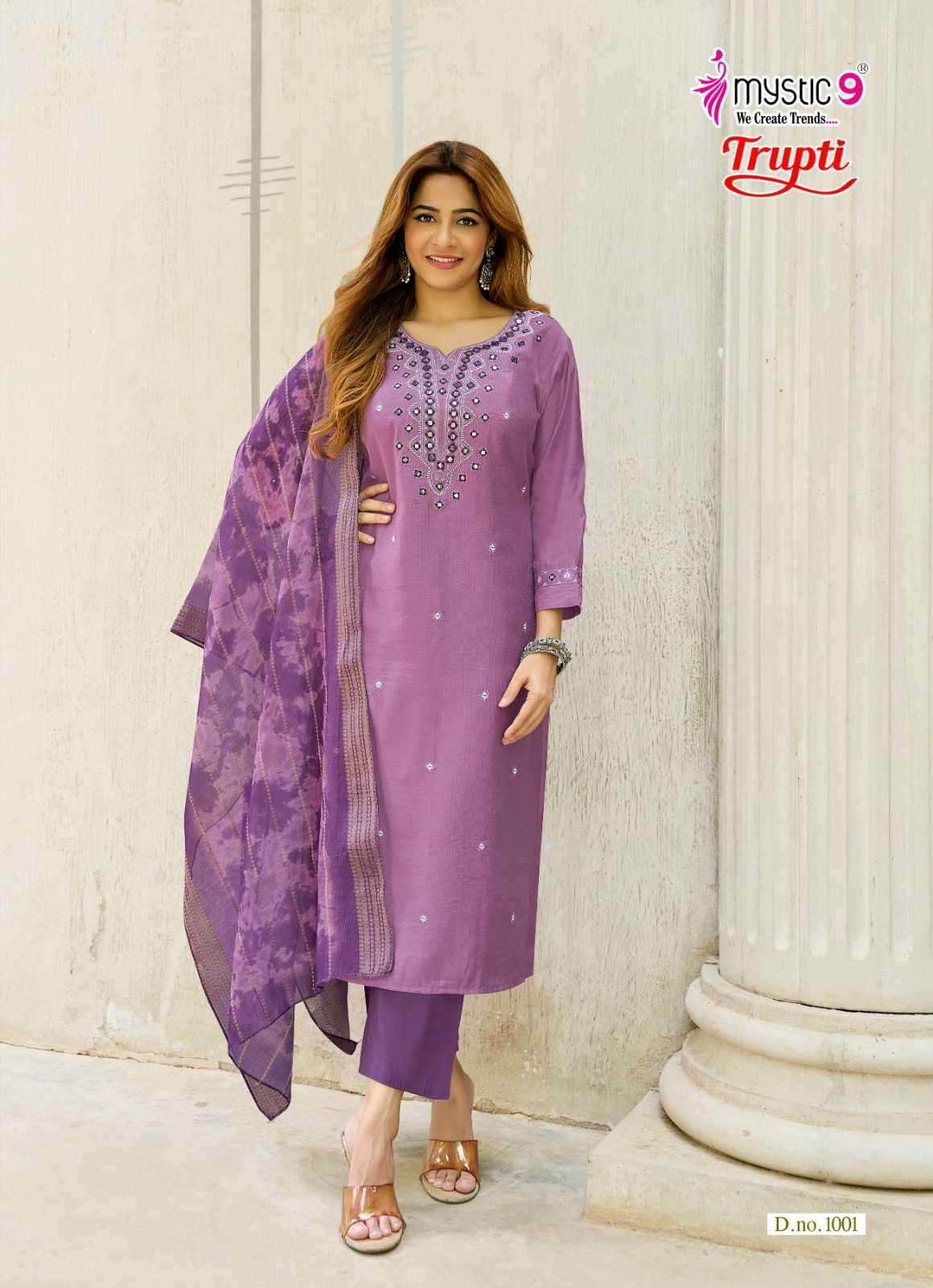 TRUPTI VOL-1 SERIES 1001 TO 1008 BY MYSTIC 9 DESIGNER EMBROIDERY WORK VATICAN TOP WITH BOTTOM AND DUPATTA ARE AVAILABLE AT WHOLESALE PRICE 
