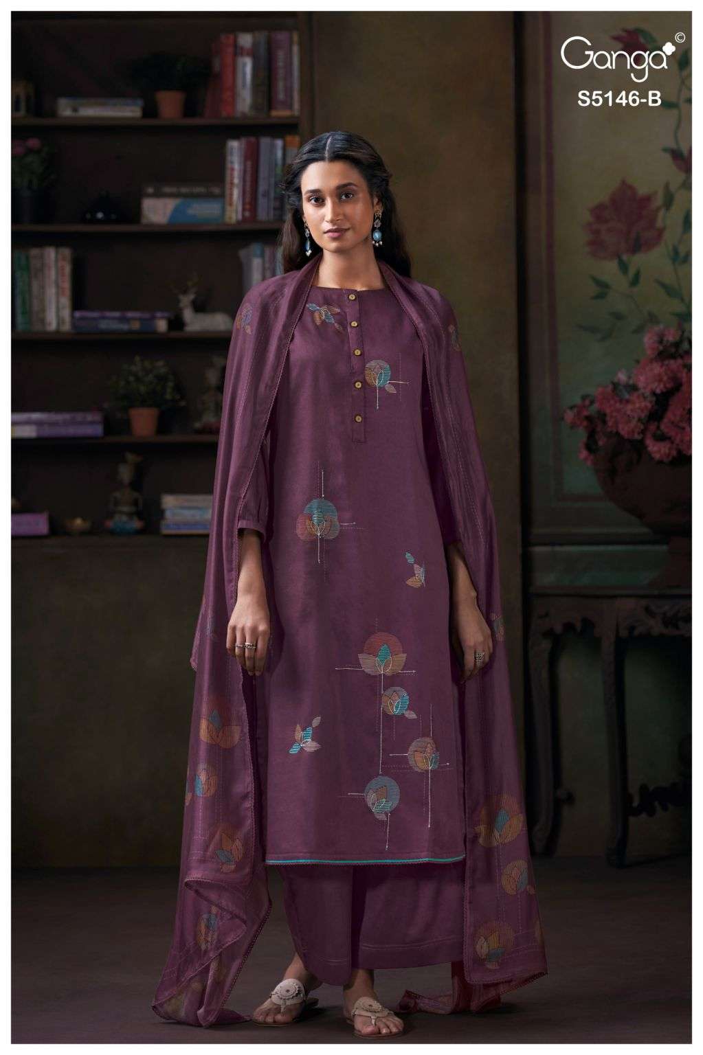 VEDVIKA SERIES 5146 BY GANGA DESIGNER PRINTED WITH HAND EMBROIDERY AND HAND WORK COTTON SATIN SUITS ARE AVAILABLE AT WHOLESALE PRICE