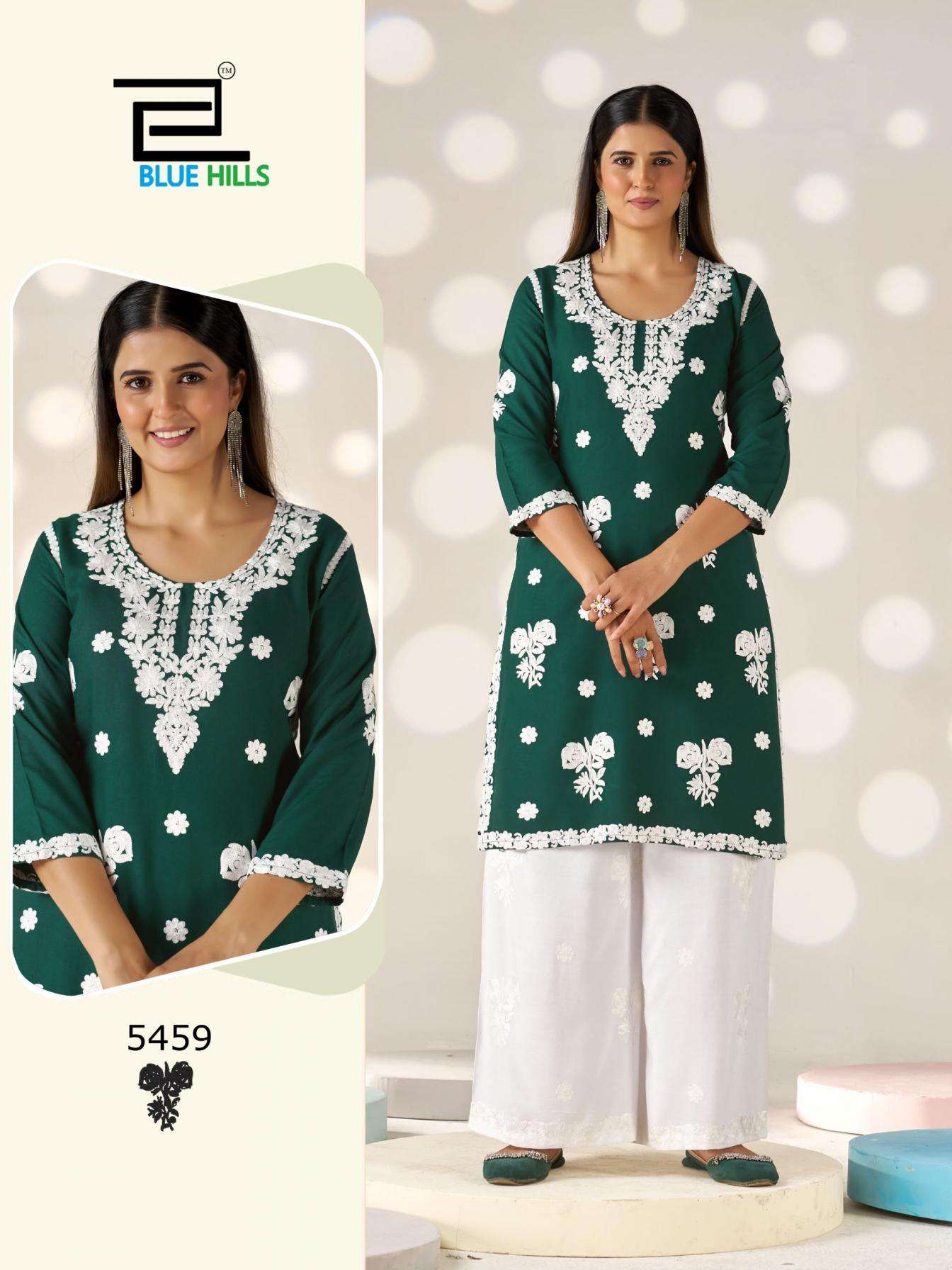 VICTORIA VOL-35 SERIES 5436 TO 5439 BY BLUE HILLS DESIGNER WHITE THREAD WORK RAYON KURTI WITH PLAZZO ARE AVAILABLE AT WHOLESALE PRICE