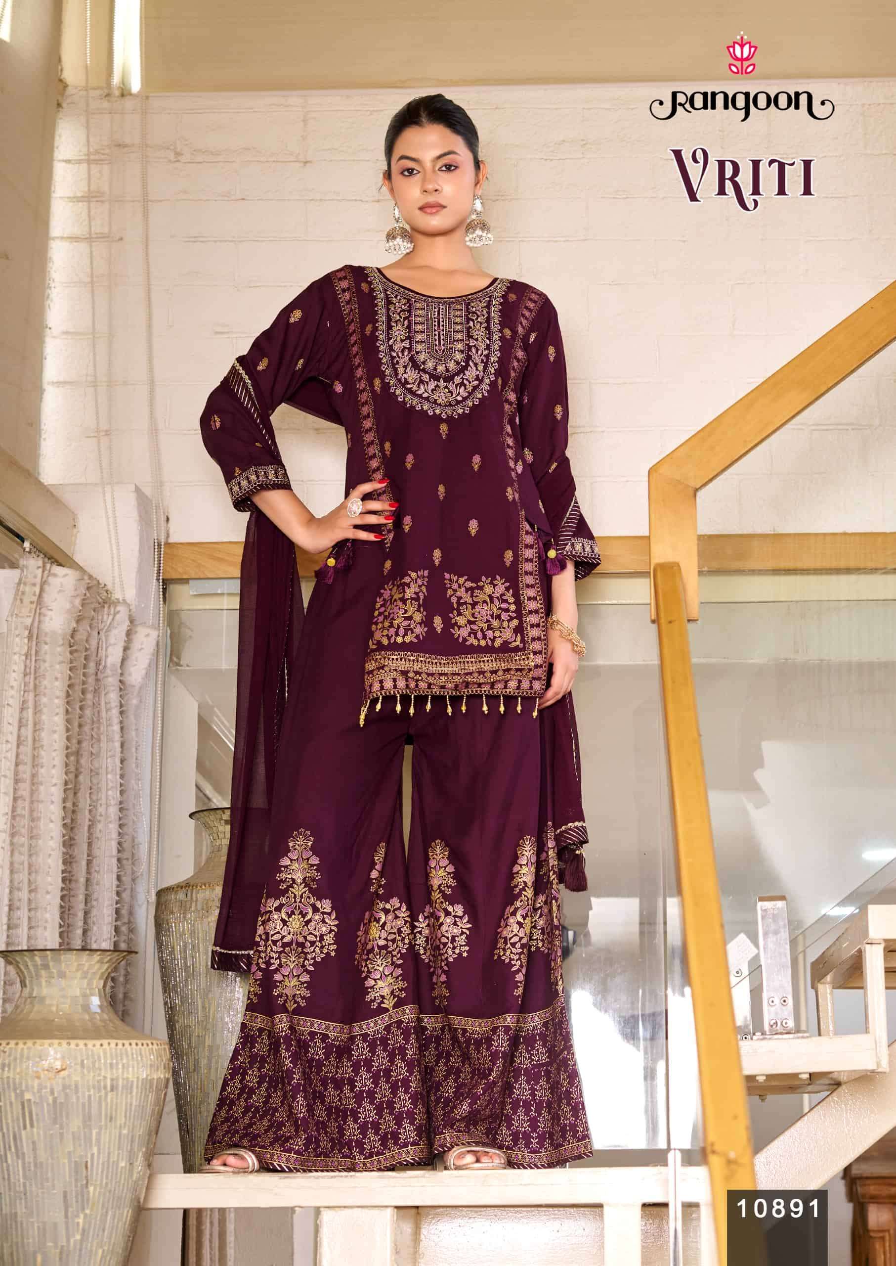 VRITI SERIES 10891 TO 10894 BY RANGOON DESIGNER PRINTED WITH KHATLI HAND WORK RAYON TOP WITH BOTTOM AND DUPATTA ARE AVAILABLE AT WHOLESALE PRICE