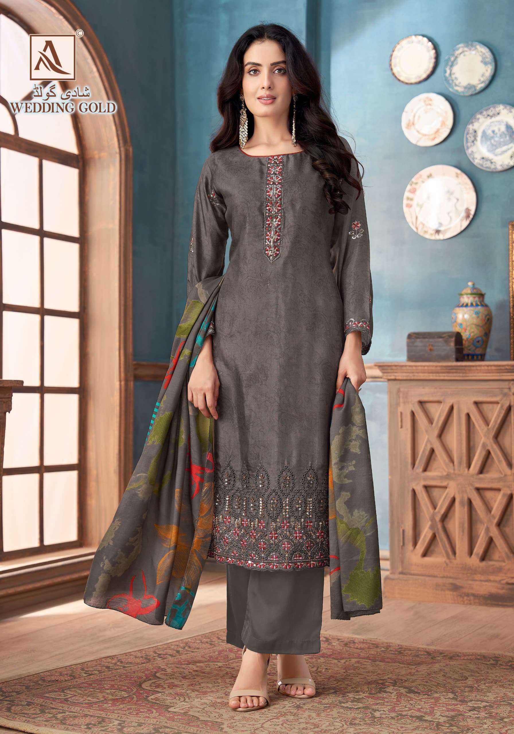 WEDDING GOLD SERIES 3074 BY ALOK SUITS DESIGNER PRINTED WITH KHATLI AND EMBROIDERY WORK VISCOSE MUSLIN SUITS ARE AVAILABLE AT WHOLESALE PRICE 