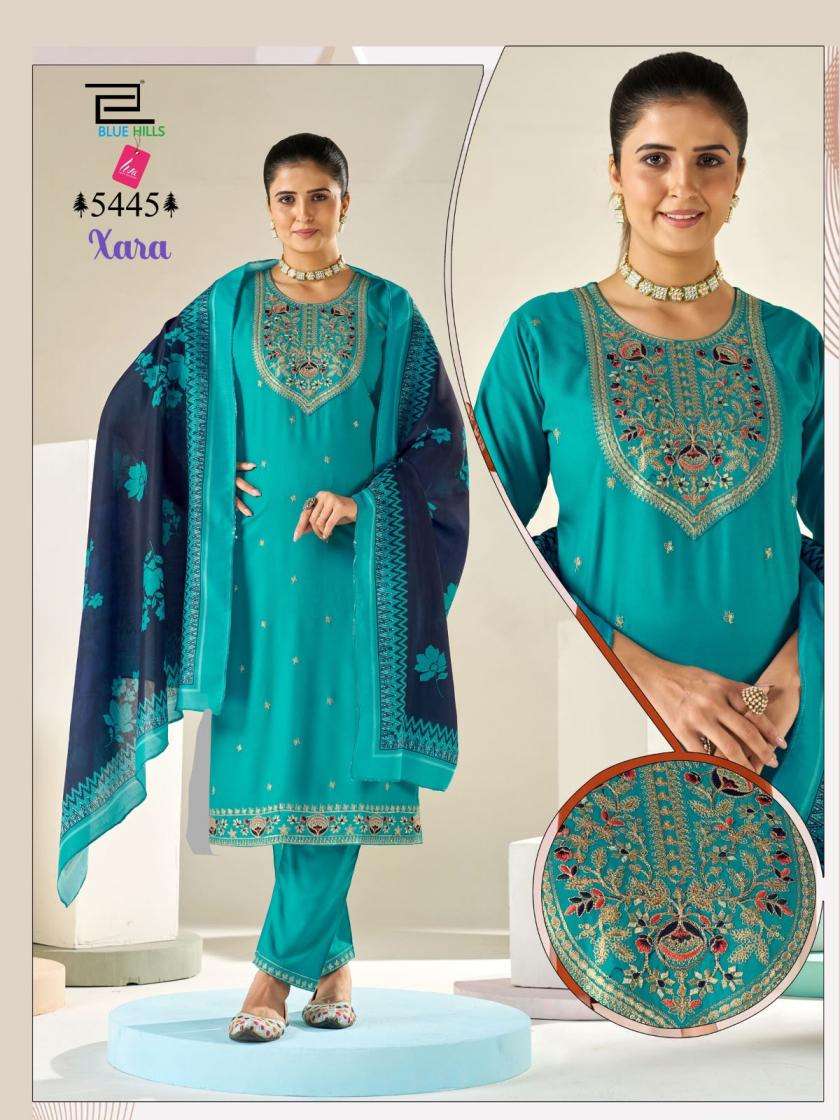 XARA SERIES 5441 TO 5446 BY BLUE HILLS DESIGNER ZARI AND THREAD WORK RAYON KURTI WITH BOTTOM AND DUPATTA ARE AVAILABLE AT WHOLESALE PRICE
