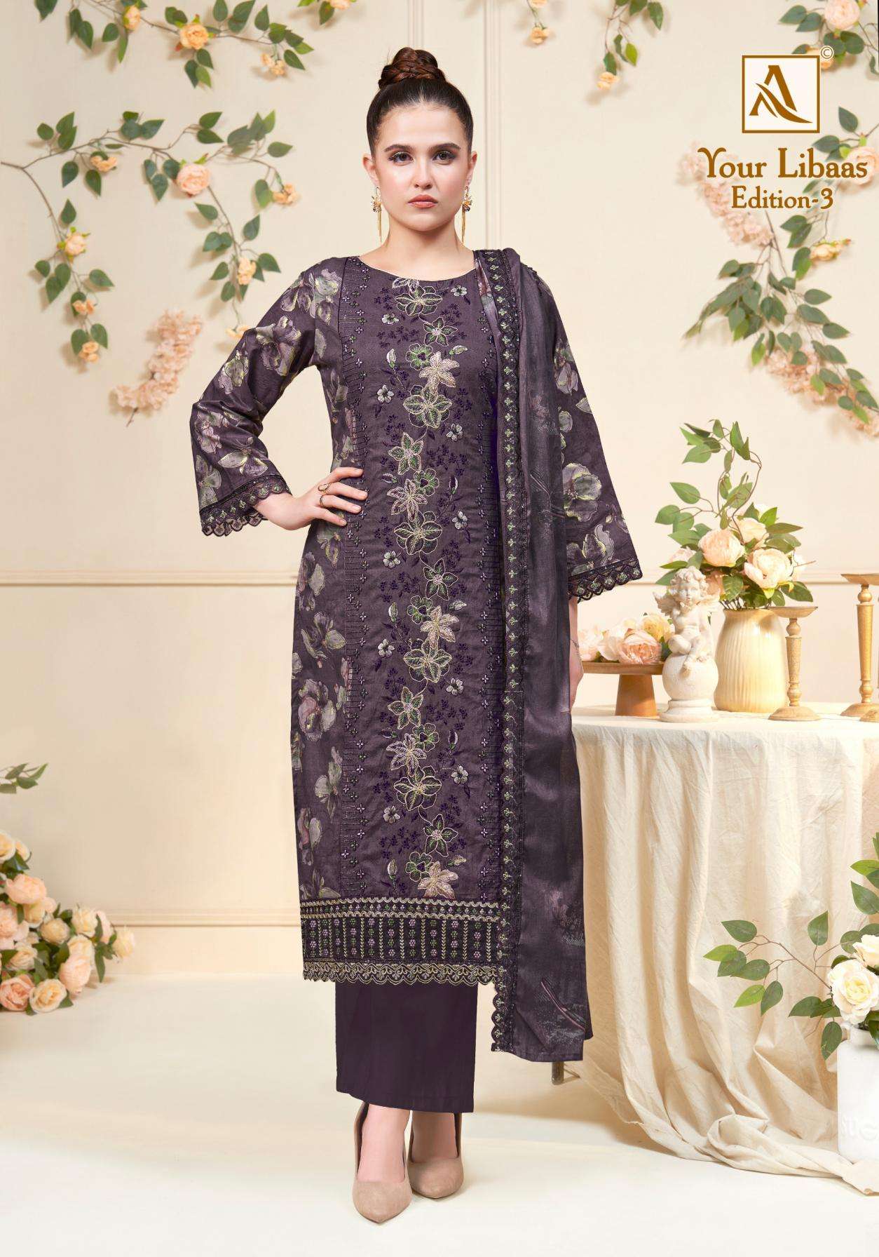 YOUR LIBAAS VOL-3 SERIES 2294 BY ALOK SUITS DESIGNER FOIL PRINT AND EMBROIDERY WORK CAMBRIC COTTON SUITS ARE AVAILABLE AT WHOLESALE PRICE