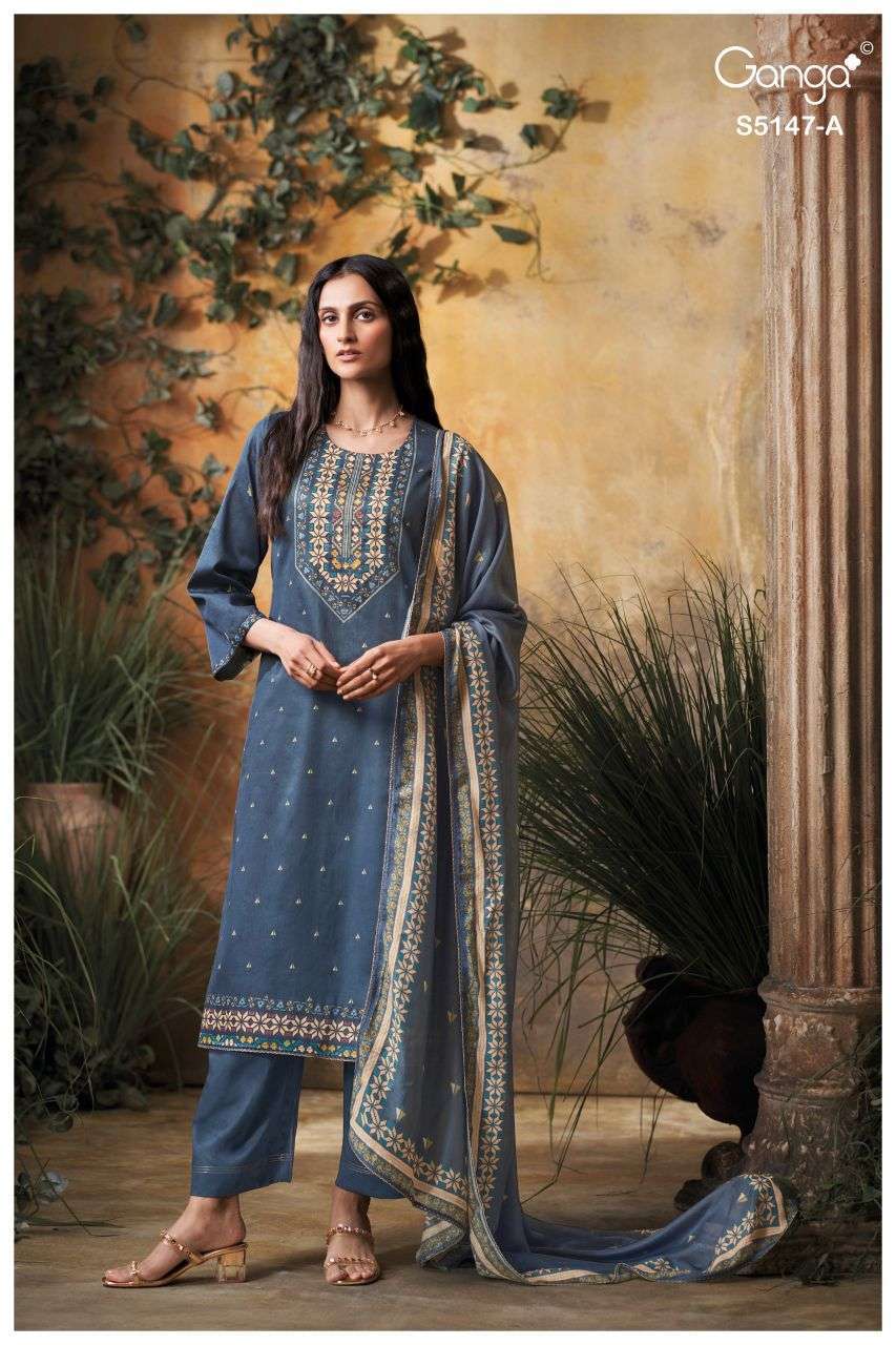 YUVIKA SERIES 5147 BY GANGA DESIGNER PRINTED AND HAND WORK AND HAND EMBROIDERY WORK COTTON SATIN SUITS ARE AVAILABLE AT WHOLESALE PRICE