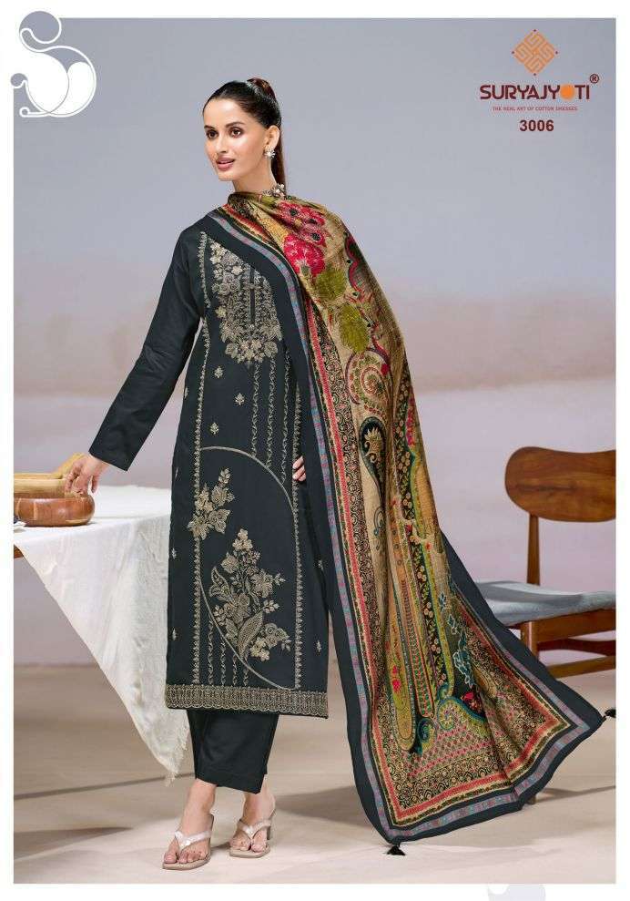 ZAIRA VOL-3 SERIES 3001 TO 3006 BY SURYAJYOTI DESIGNER EMBROIDERY WORK JAM SATIN SUITS ARE AVAILABLE AT WHOLESALE PRICE