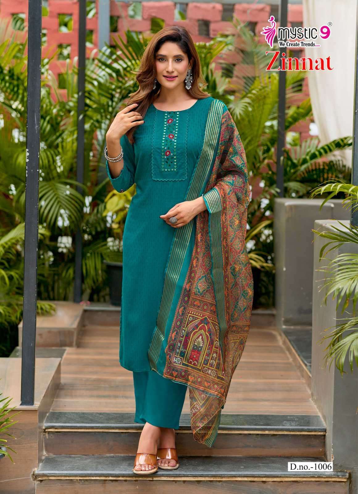 ZINNAT VOL-1 SERIES 1001 TO 1008 BY MYSTIC 9 DESIGNER EMBROIDERY WORK VISCOSE DOBBY KURTI WITH BOTTOM AND DUPATTA ARE AVAILABLE AT WHOLESALE PRICE