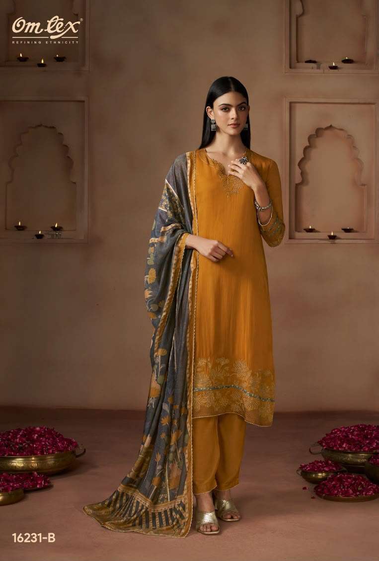 AAVYA SERIES 16231 BY OMTEX DESIGNER EMBROIDERY WORK ORGANZA TWILL SUITS ARE AVAILABLE AT WHOLESALE PRICE